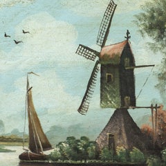 Pittore olandese naturalista - XIX secolo Paesaggio fluviale con mulino a vento