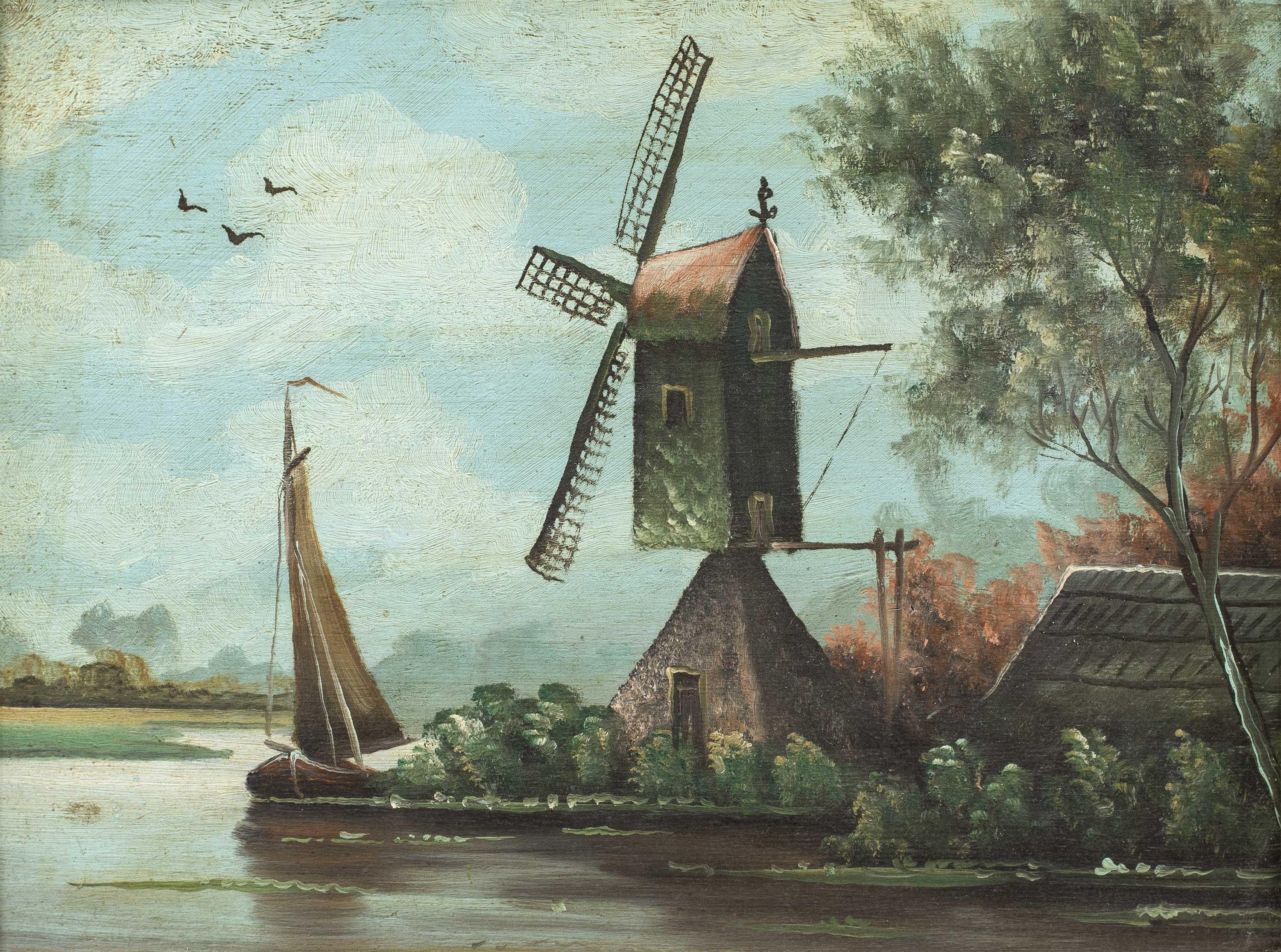 Pittura olandese naturalistica - Pittura paesaggistica della fine del XIX secolo - Mulino a vento - Painting di Unknown