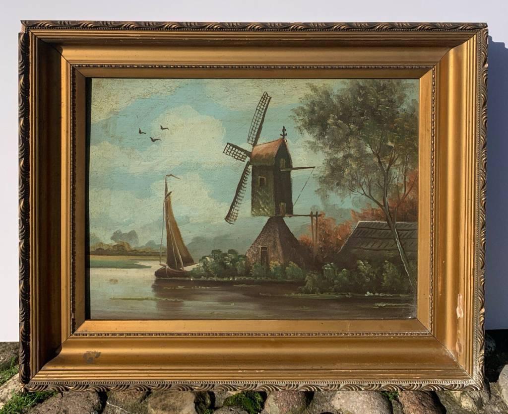 Pittura olandese naturalistica - Pittura paesaggistica della fine del XIX secolo - Mulino a vento - Figurative Painting Marrone di Unknown