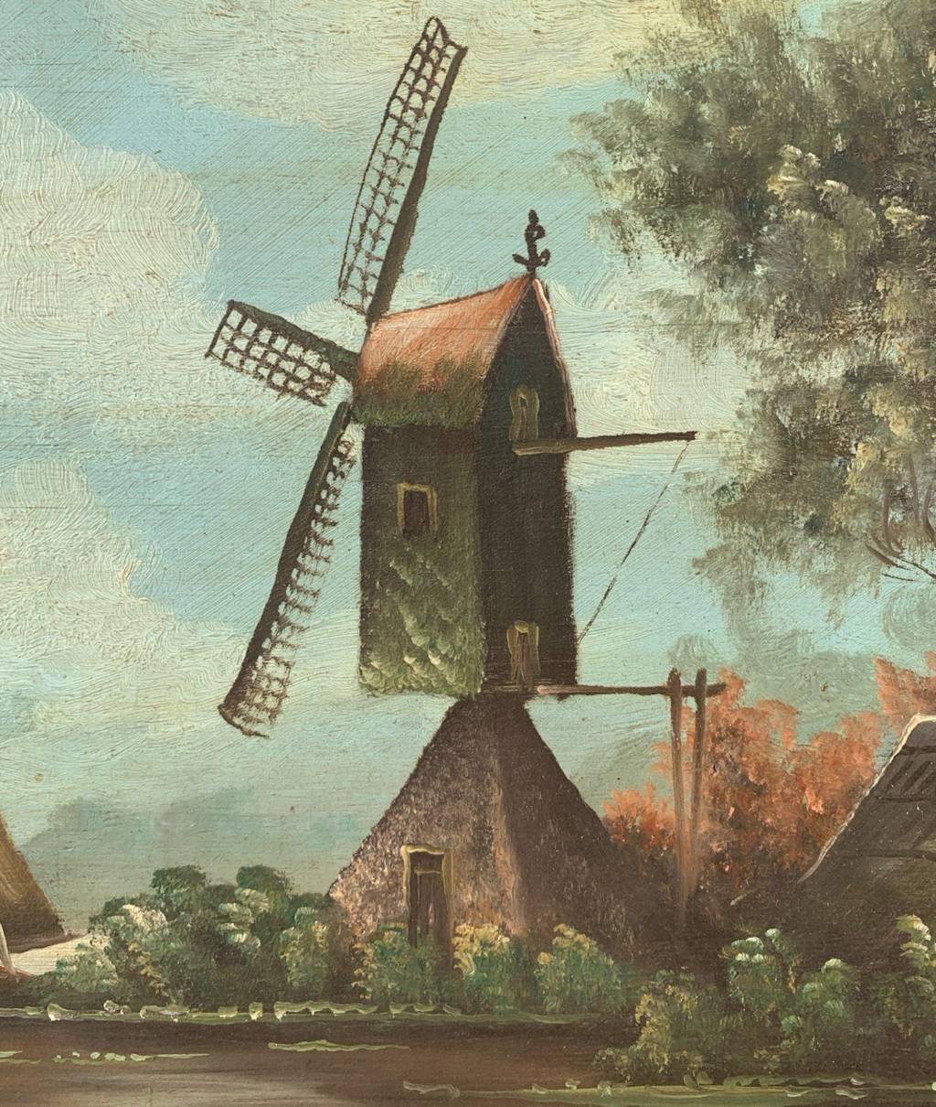 Pittura olandese naturalistica - Pittura paesaggistica della fine del XIX secolo - Mulino a vento in vendita 1