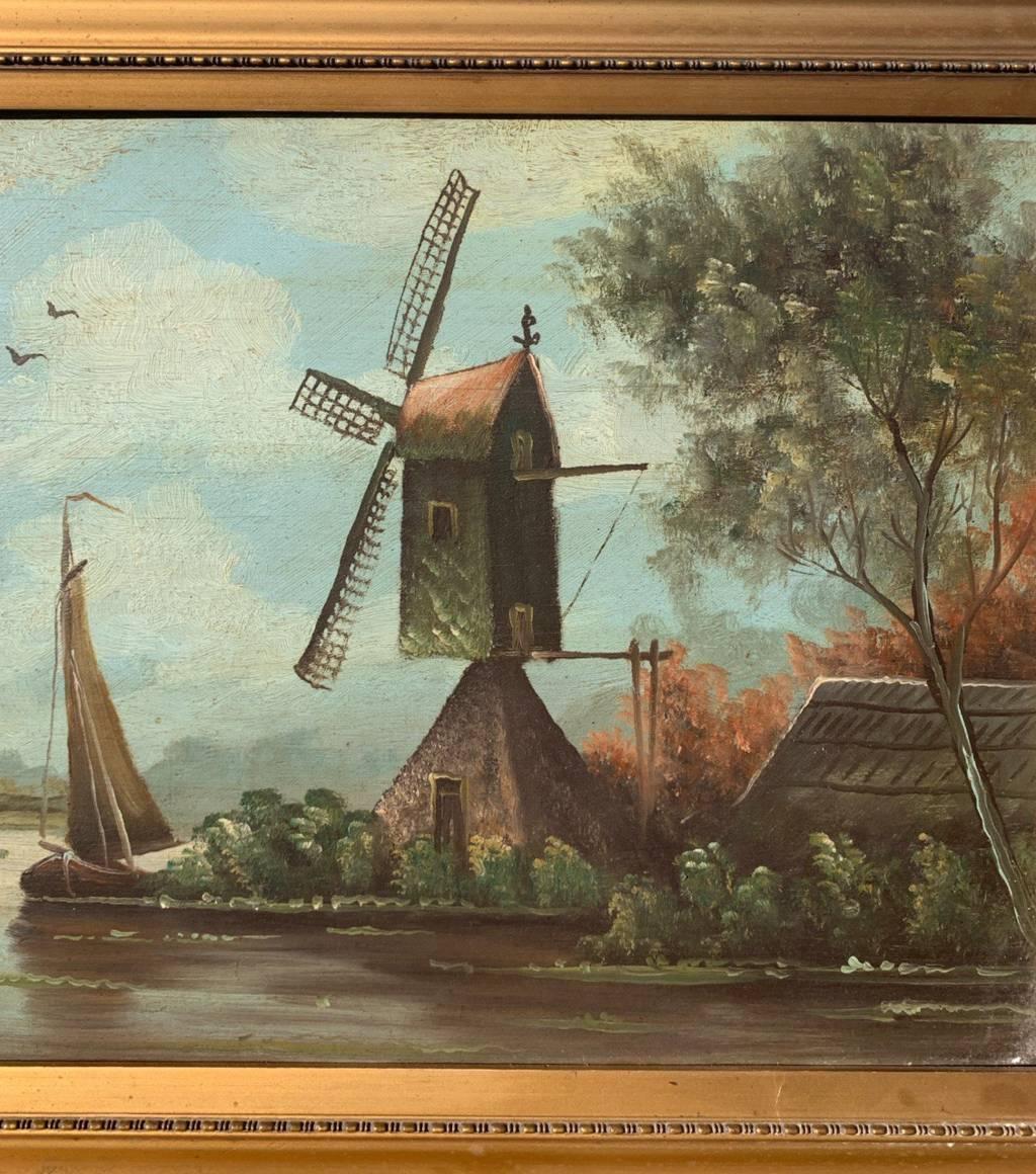 Pittura olandese naturalistica - Pittura paesaggistica della fine del XIX secolo - Mulino a vento in vendita 2