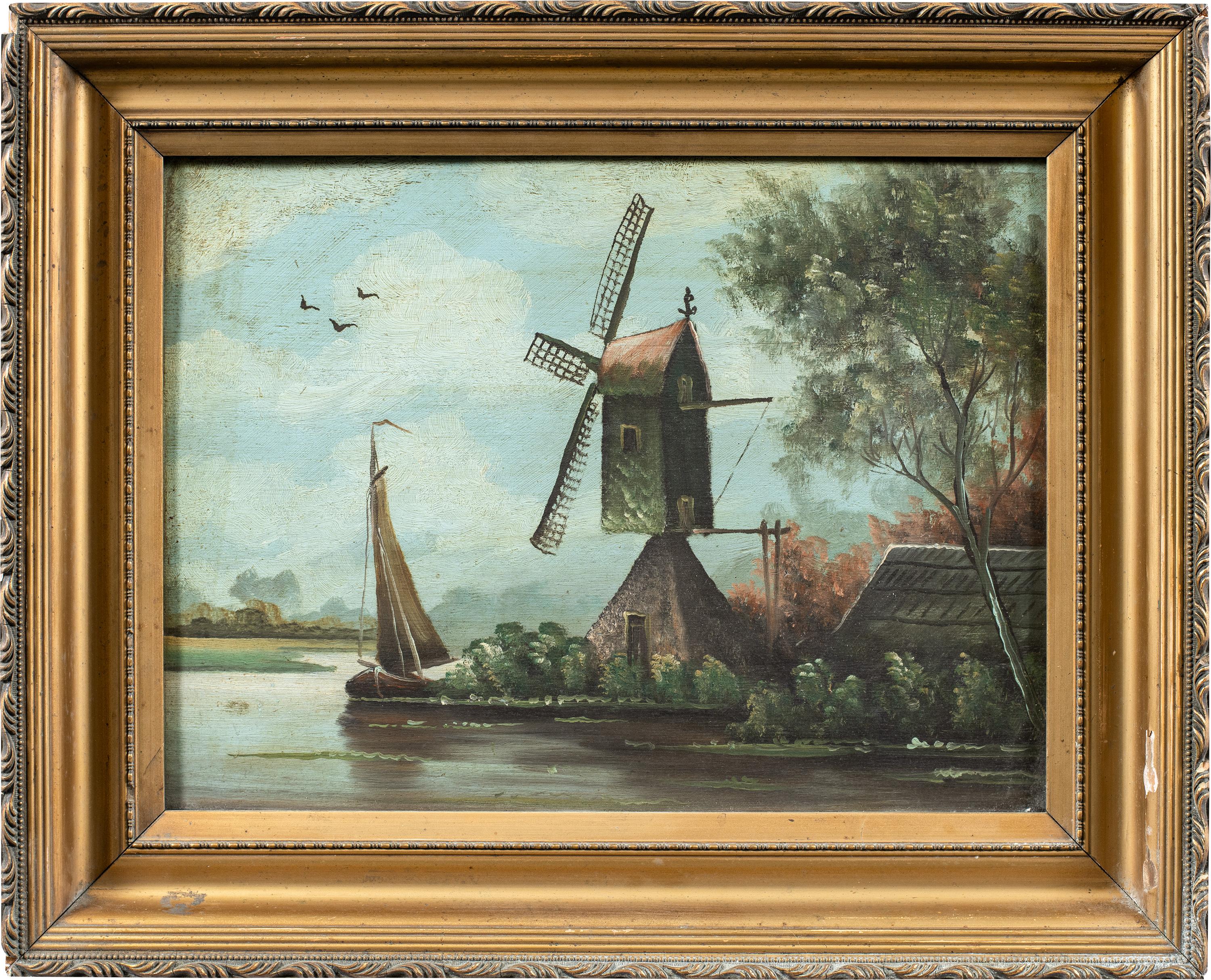 Figurative Painting di Unknown - Pittura olandese naturalistica - Pittura paesaggistica della fine del XIX secolo - Mulino a vento
