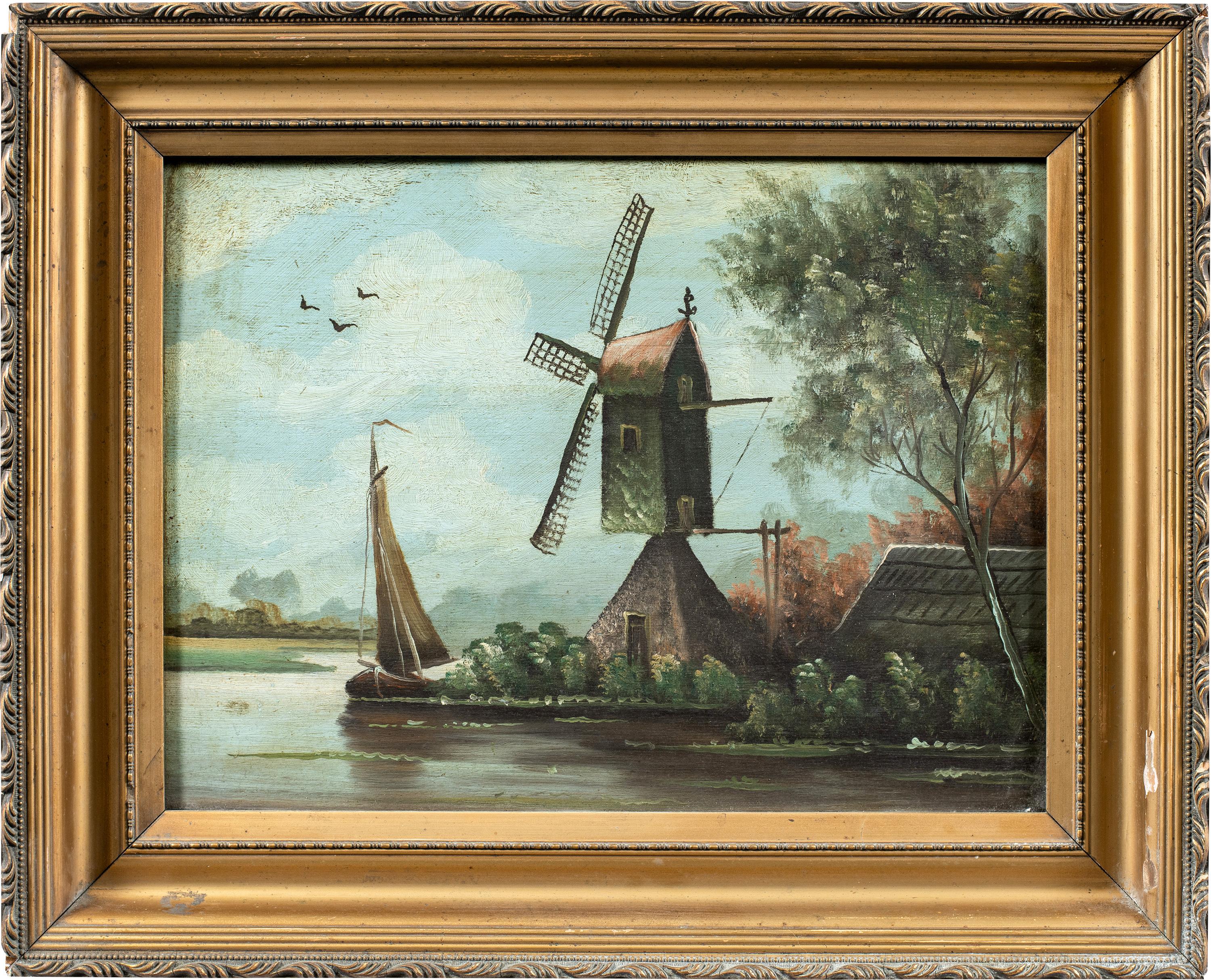 Naturalistic Dutch painting - Late 19th century landscape painting - Windmill