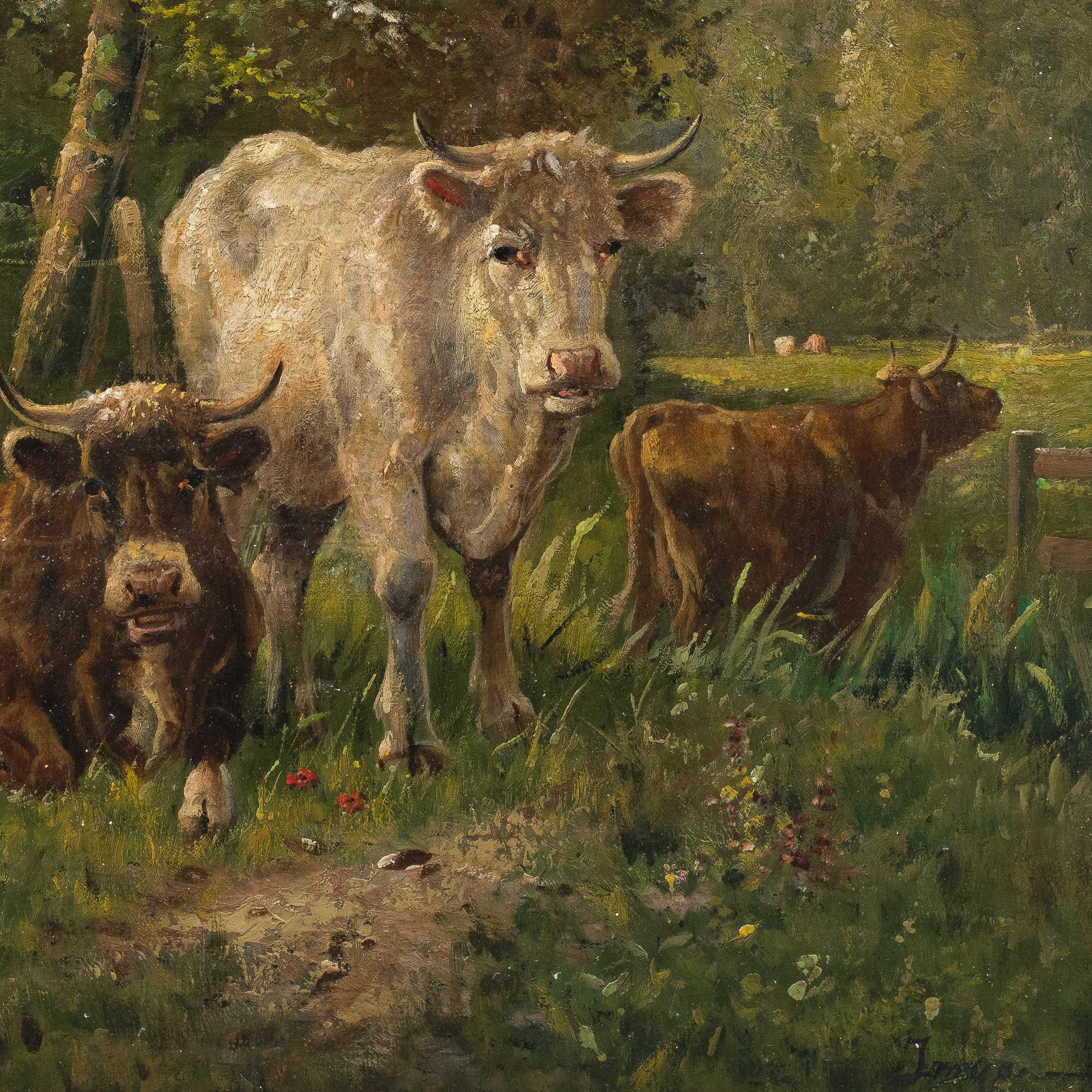 Naturalistic European painte- 19th century landscape painting - Cows grazing - Painting by Unknown