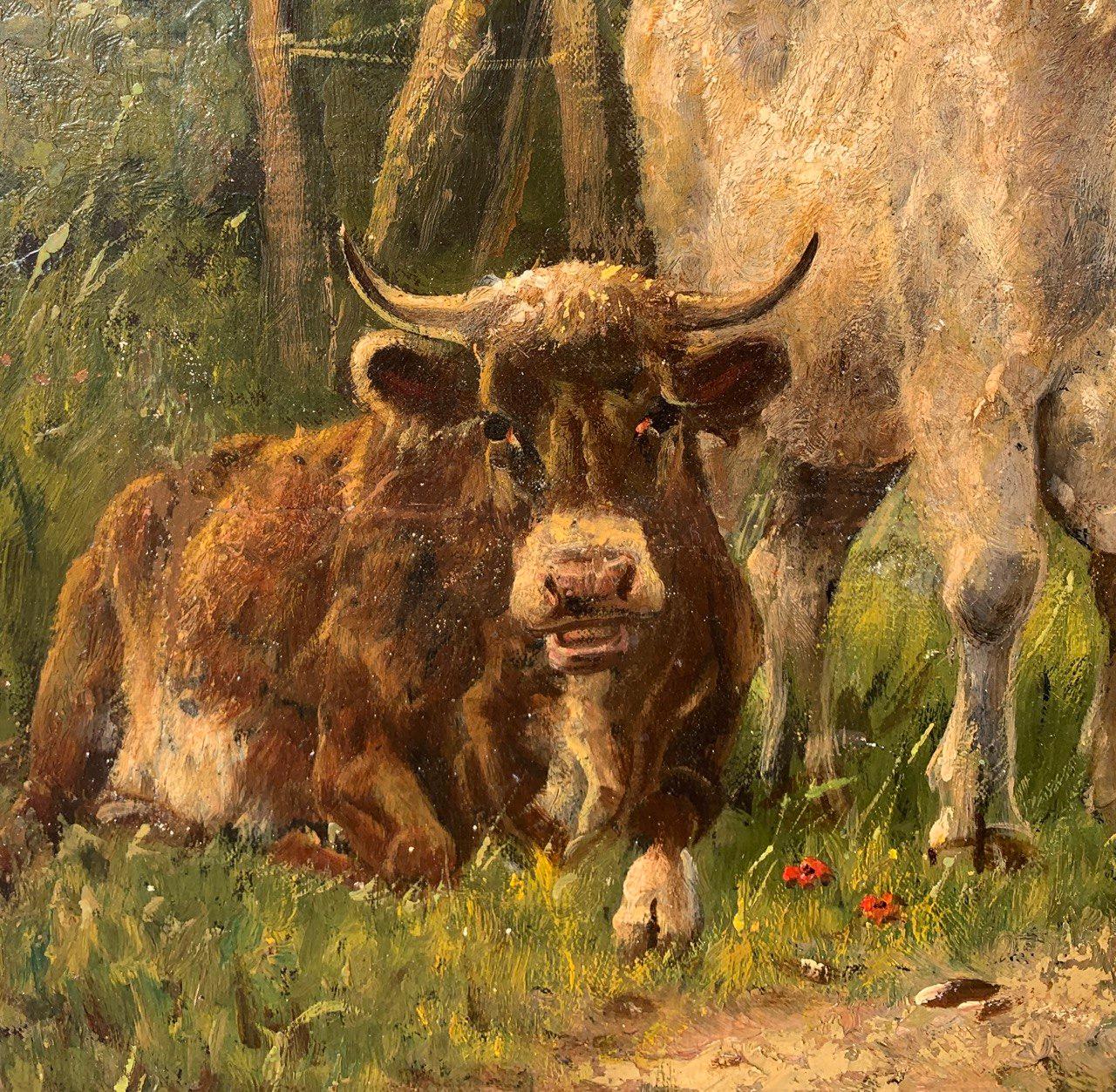 Naturalistic European painte- 19th century landscape painting - Cows grazing For Sale 1