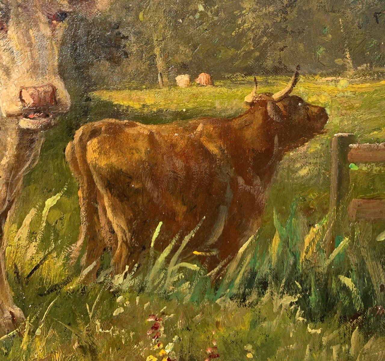 Naturalistic European painte- 19th century landscape painting - Cows grazing For Sale 2