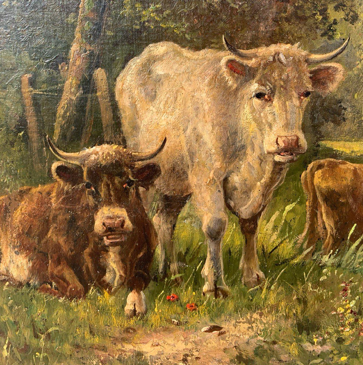Naturalistic European painte- 19th century landscape painting - Cows grazing For Sale 4