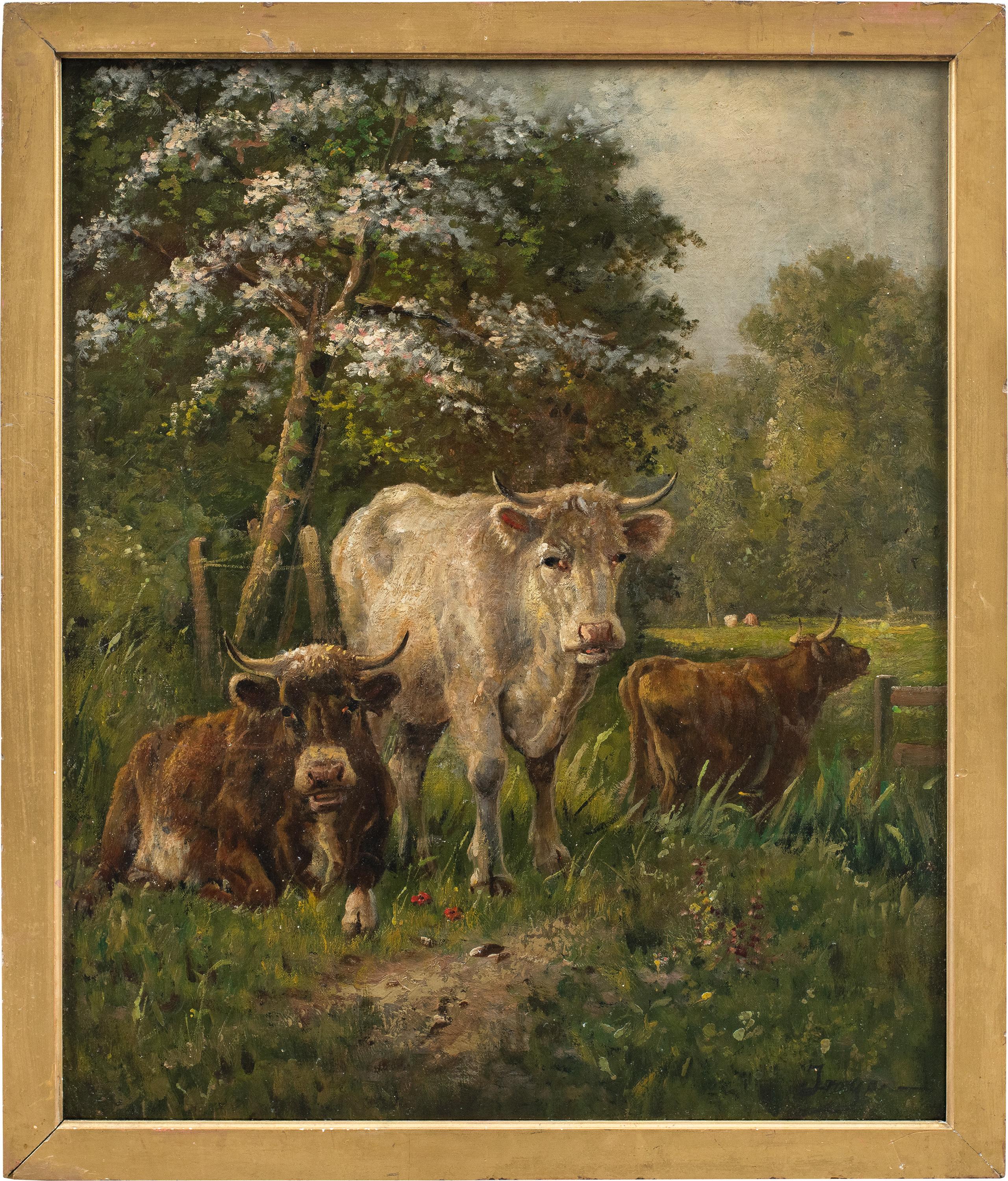Unknown Landscape Painting - Naturalistic European painte- 19th century landscape painting - Cows grazing