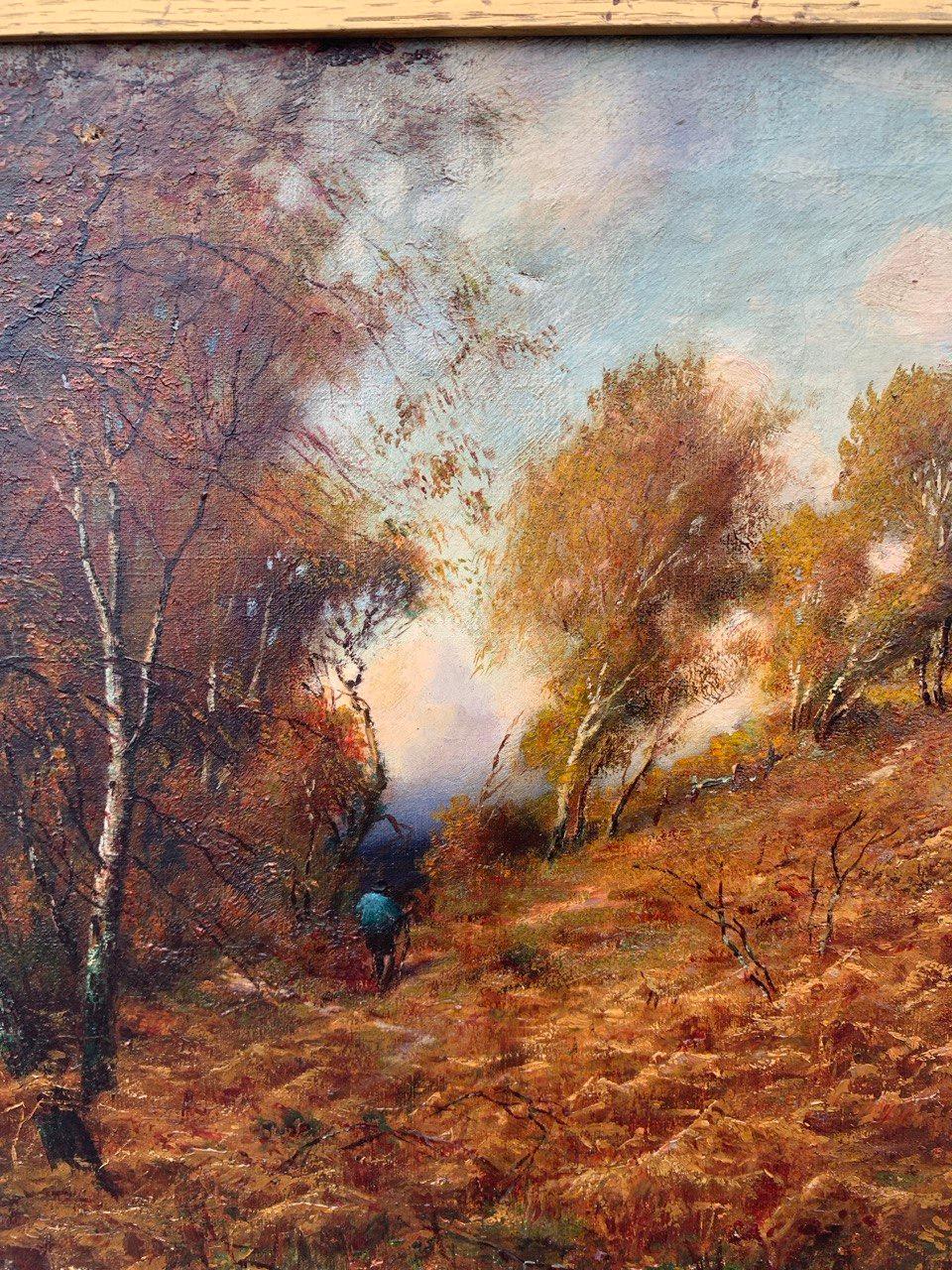 European painter (late 19th century) - Landscape with forest and path.

41 x 61 cm unframed, 47 x 67 cm framed.

Antique oil painting on canvas, in a gilded wooden frame (not signed).

Condition report: Original canvas. The painted surface is in