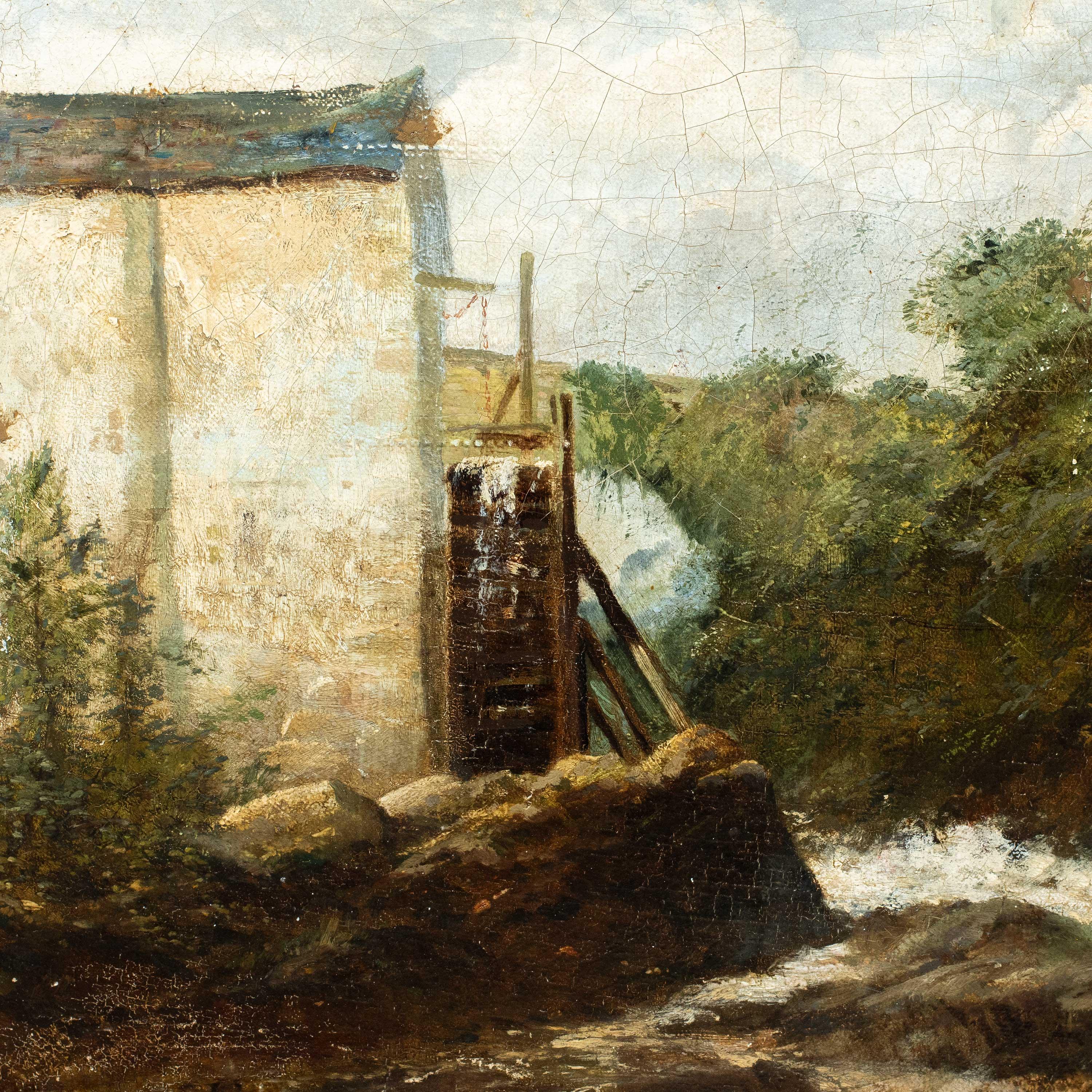 Naturalistic European painter - 19th century landscape painting - Mill and strea - Painting by Unknown