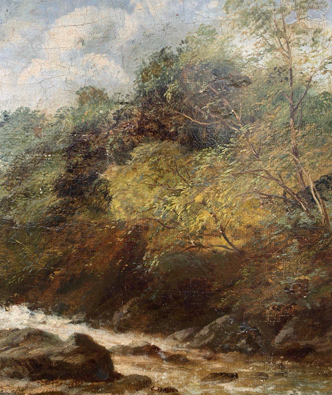European painter (late 19th century) - Landscape with Mill and Stream.

41 x 61 cm unframed, 46 x 66 cm with frame.

Antique oil painting on canvas, in a gilded wooden frame (not signed).

Condition report: Lined canvas. The painted surface is in