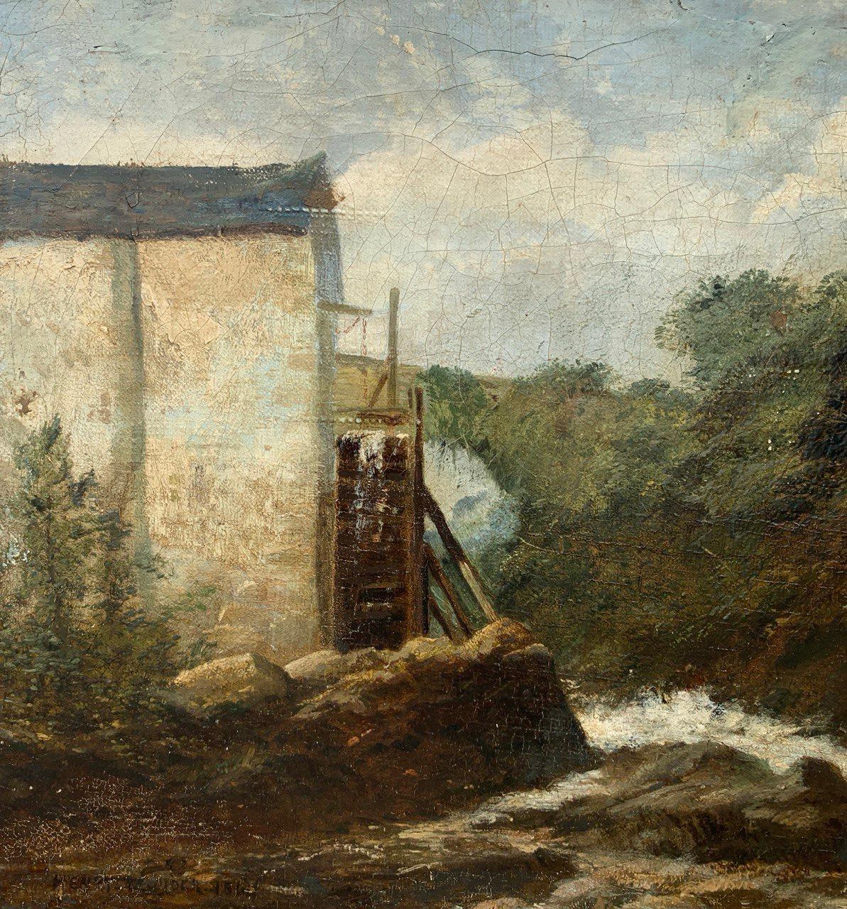 Naturalistic European painter - 19th century landscape painting - Mill and strea For Sale 1