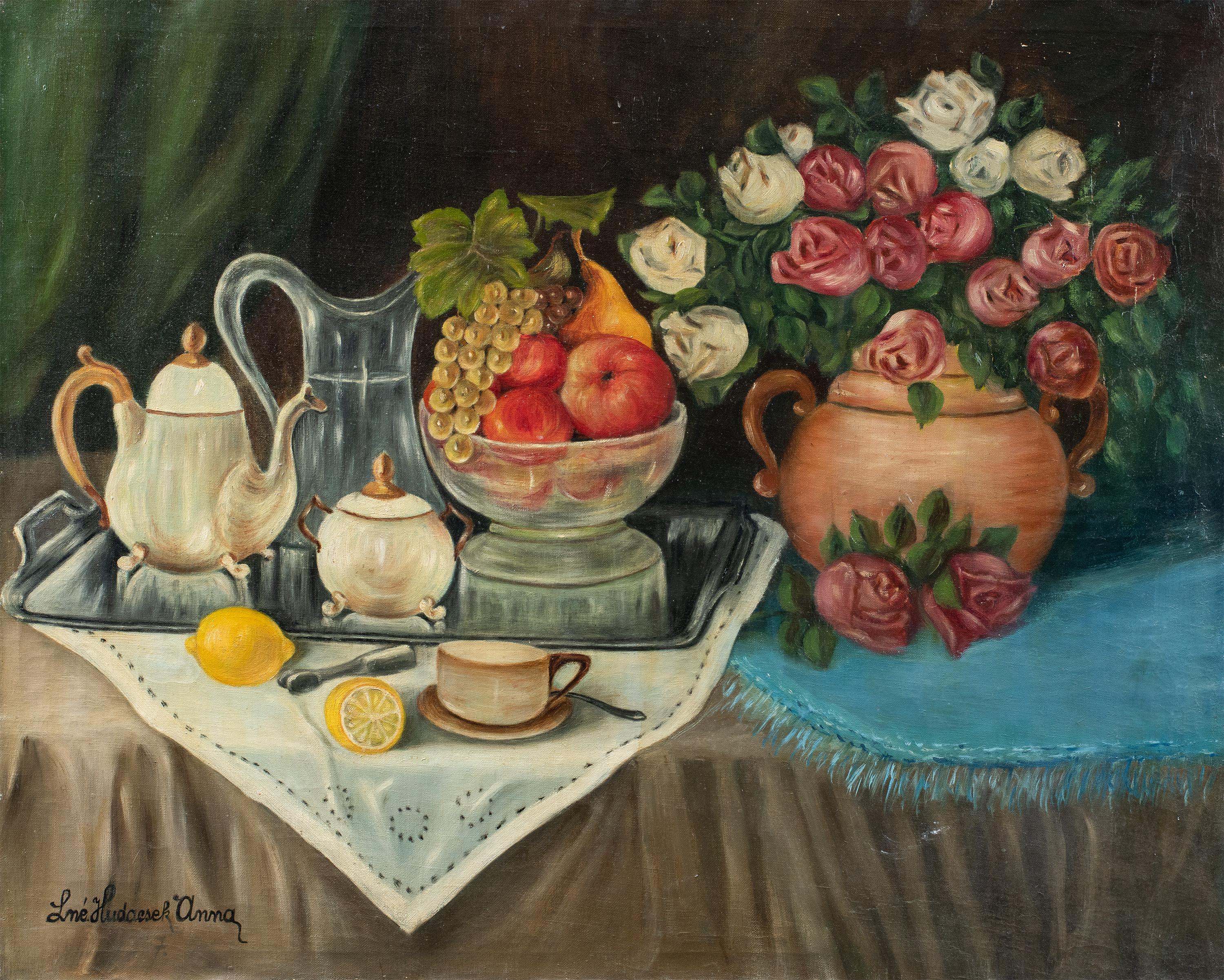 Naturalistic European painter - 20th century still life painting - Flowers Fruit