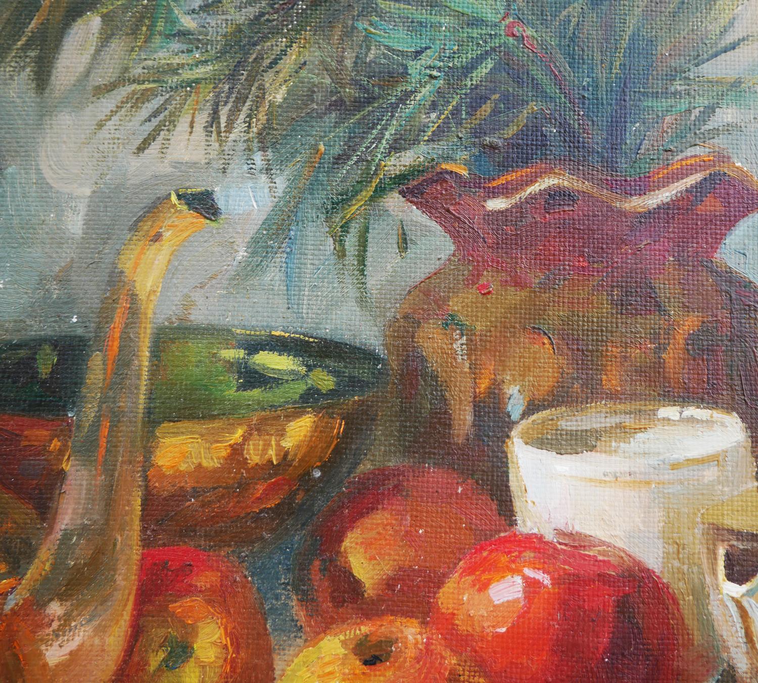 Naturalistic Interior Still Life Painting of Jugs, Fruits, and Foliage For Sale 7