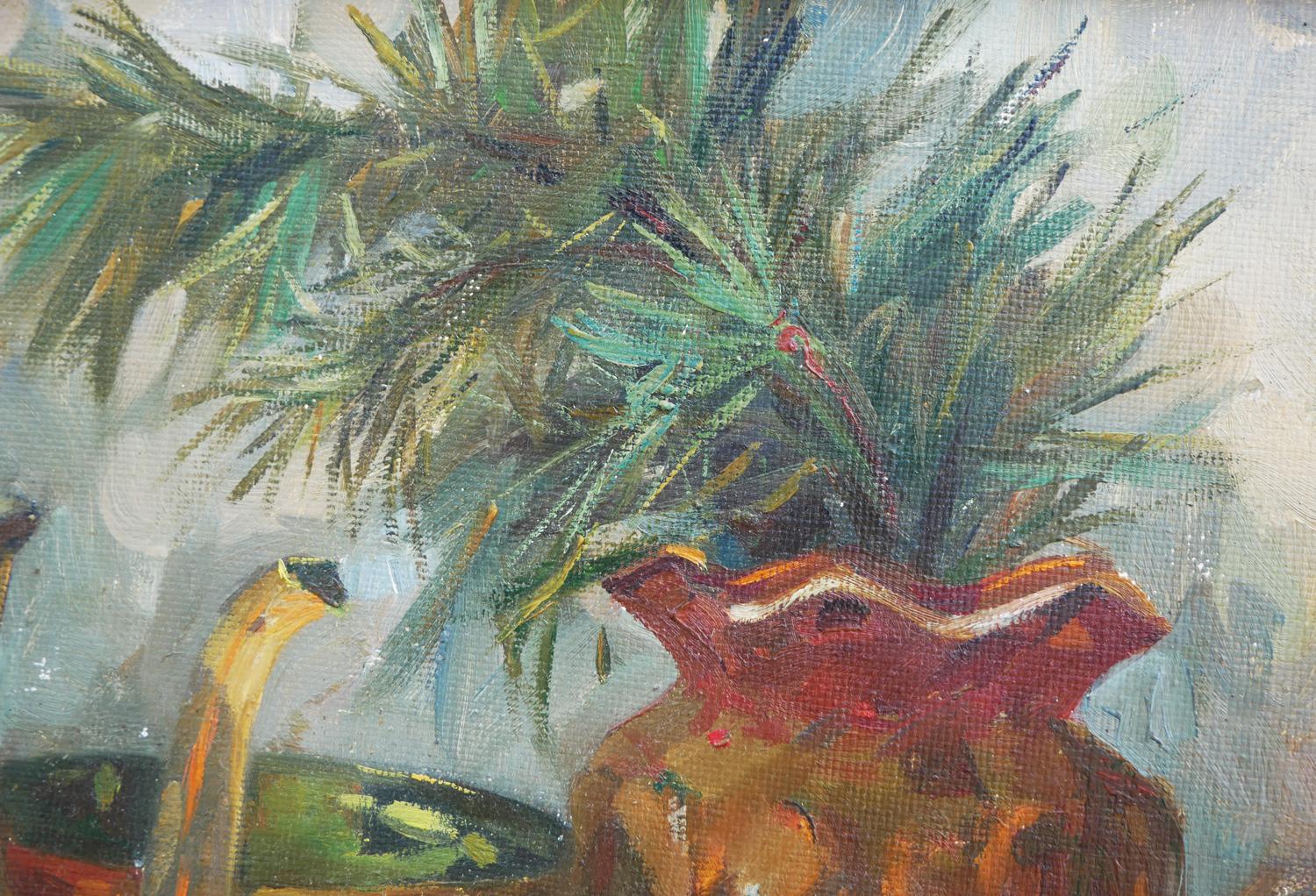 Naturalistic Interior Still Life Painting of Jugs, Fruits, and Foliage For Sale 8