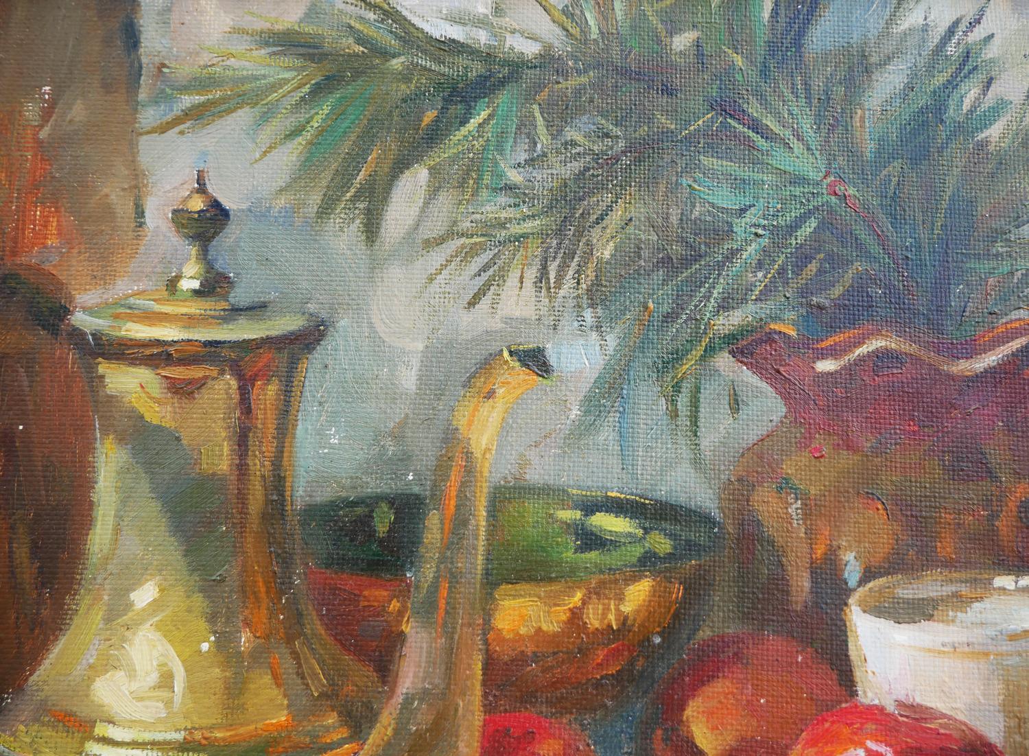 Naturalistic Interior Still Life Painting of Jugs, Fruits, and Foliage For Sale 9