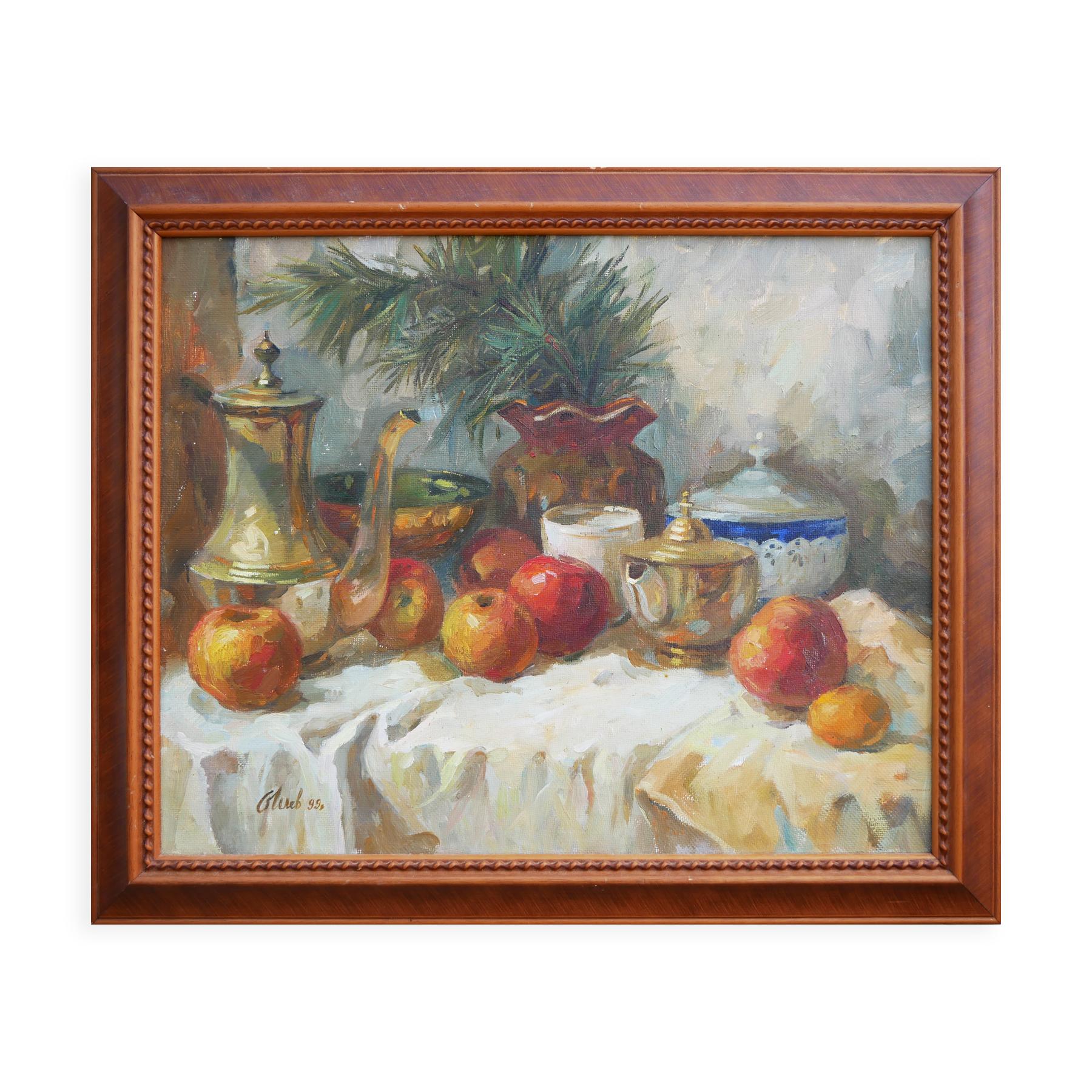 Naturalistic Interior Still Life Painting of Jugs, Fruits, and Foliage - Brown Still-Life Painting by Unknown