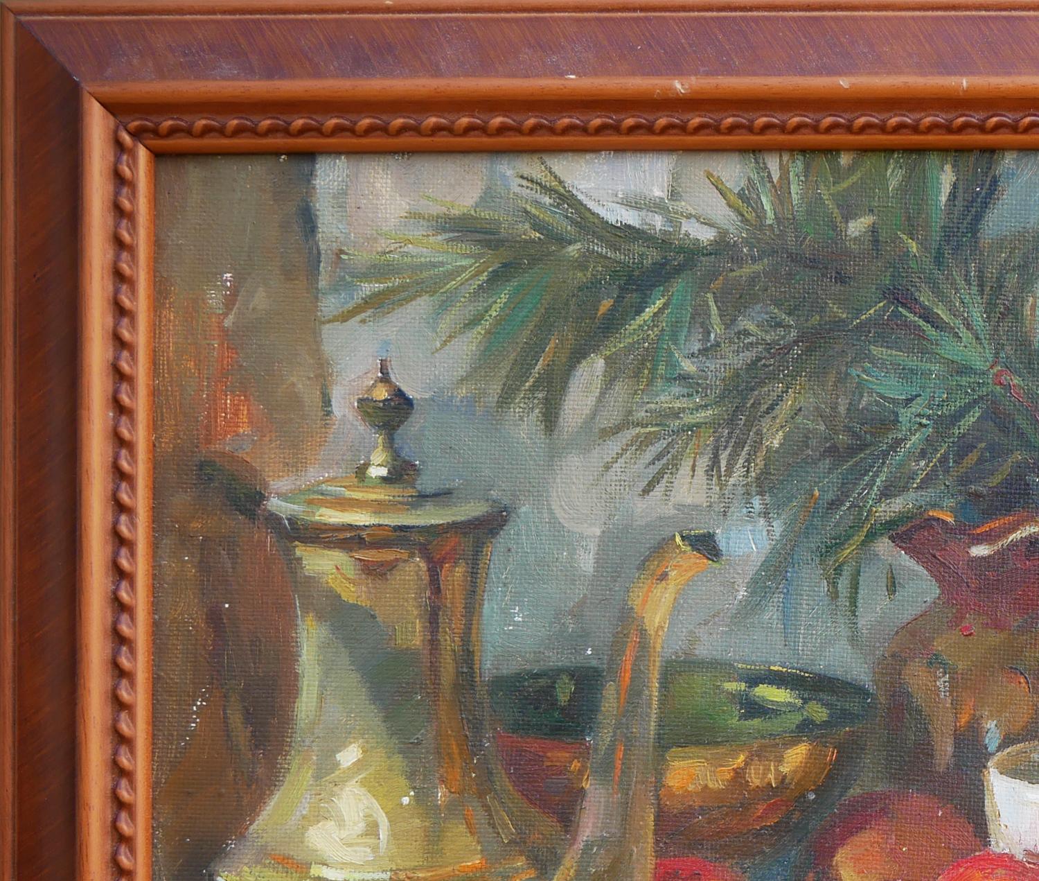 Naturalistic still life painting of a collection of fruits, metal jugs, ceramic vases, and various foliage on a draped tablecloth. Signed and dated in the front lower left corner. Currently hung in a decorative brown frame.

Dimensions Without