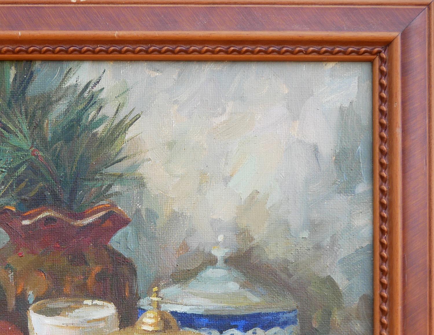 Naturalistic Interior Still Life Painting of Jugs, Fruits, and Foliage For Sale 1