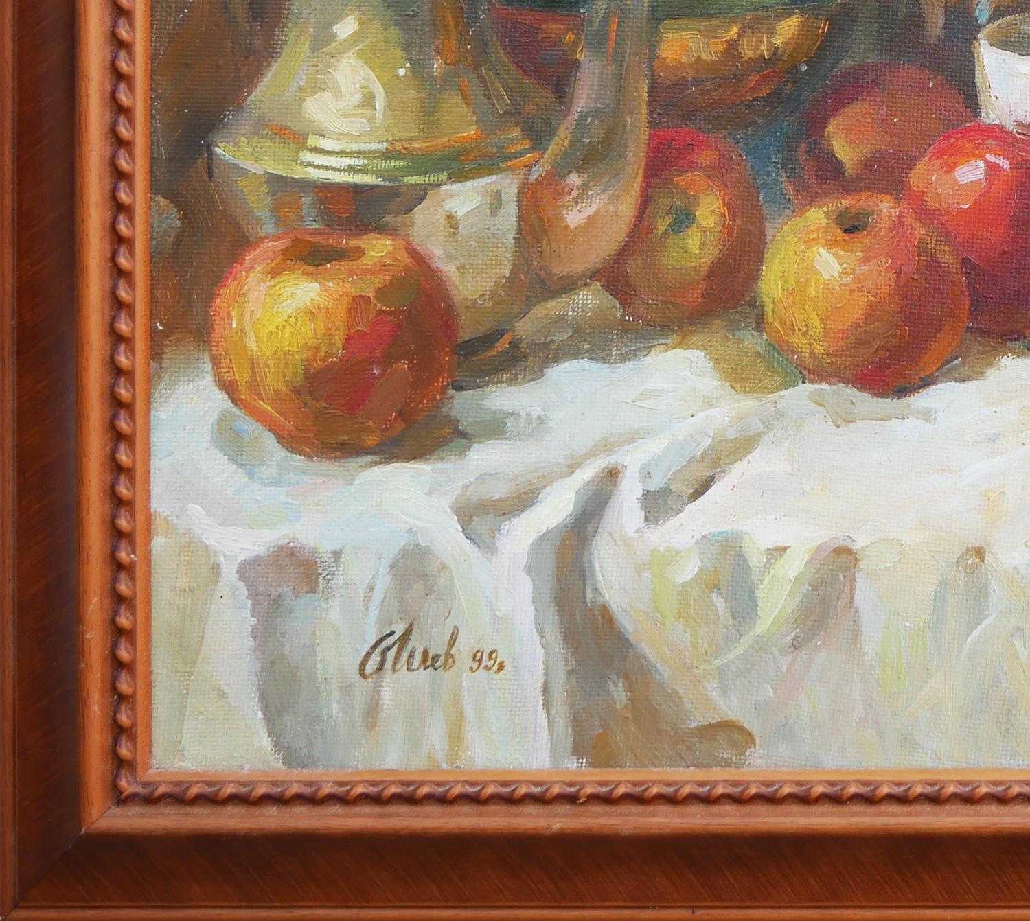 Naturalistic Interior Still Life Painting of Jugs, Fruits, and Foliage For Sale 2