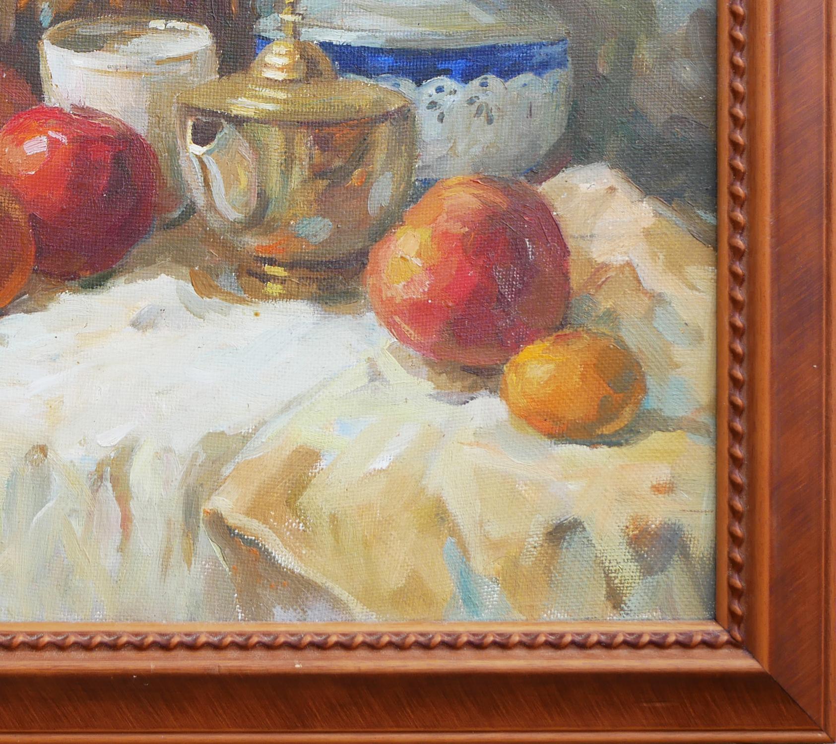 Naturalistic Interior Still Life Painting of Jugs, Fruits, and Foliage For Sale 3