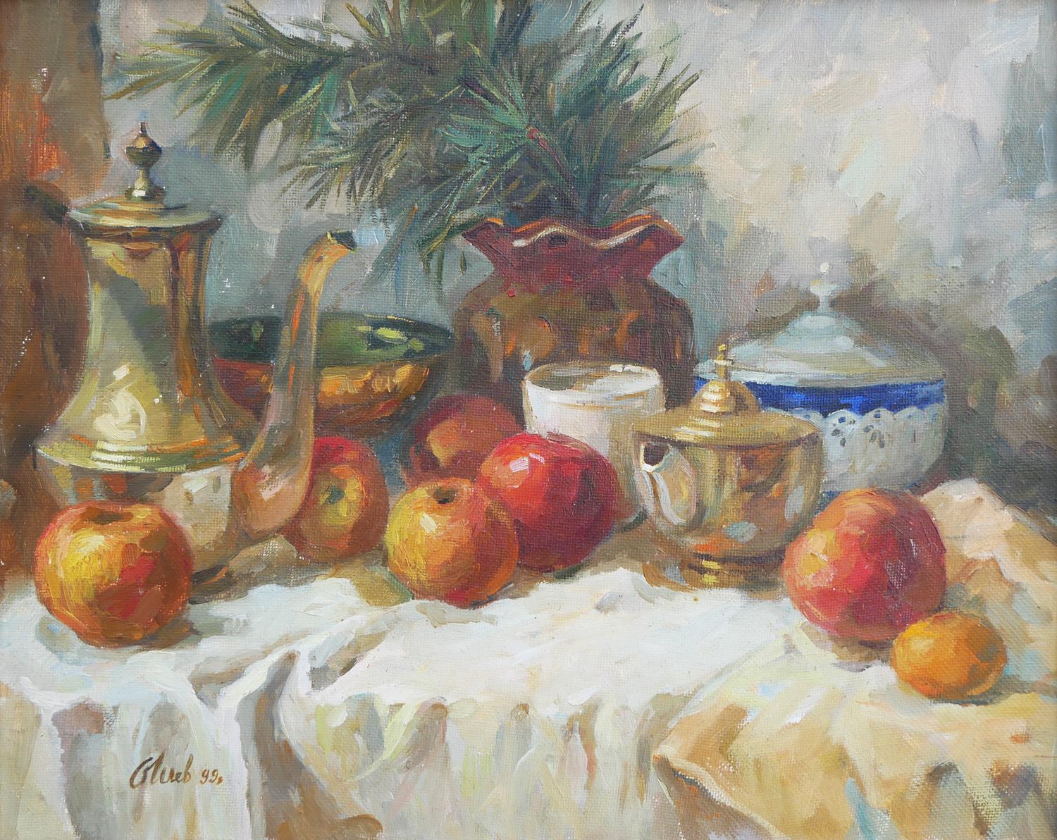 Naturalistic Interior Still Life Painting of Jugs, Fruits, and Foliage For Sale 4