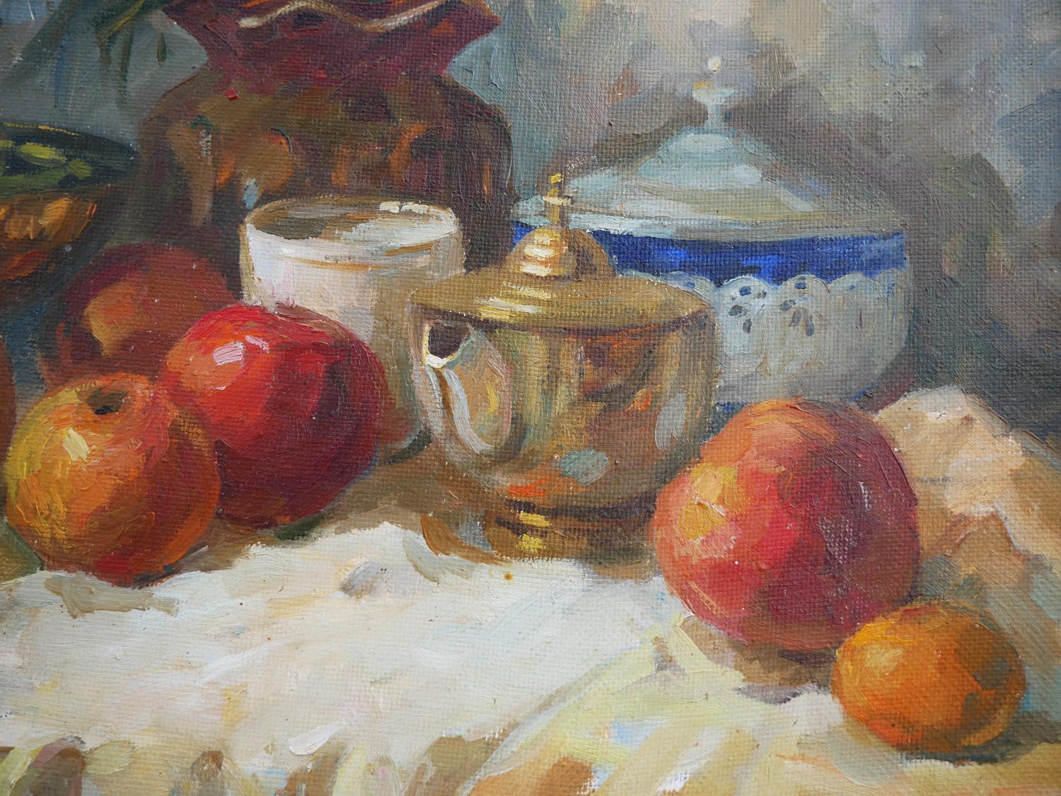 Naturalistic Interior Still Life Painting of Jugs, Fruits, and Foliage For Sale 5