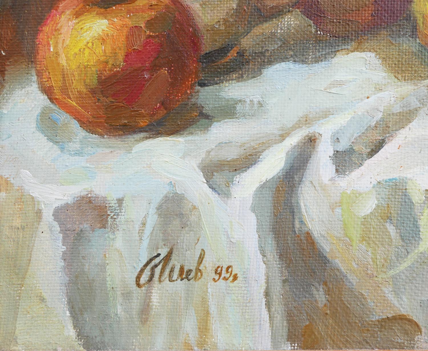 Naturalistic Interior Still Life Painting of Jugs, Fruits, and Foliage For Sale 6