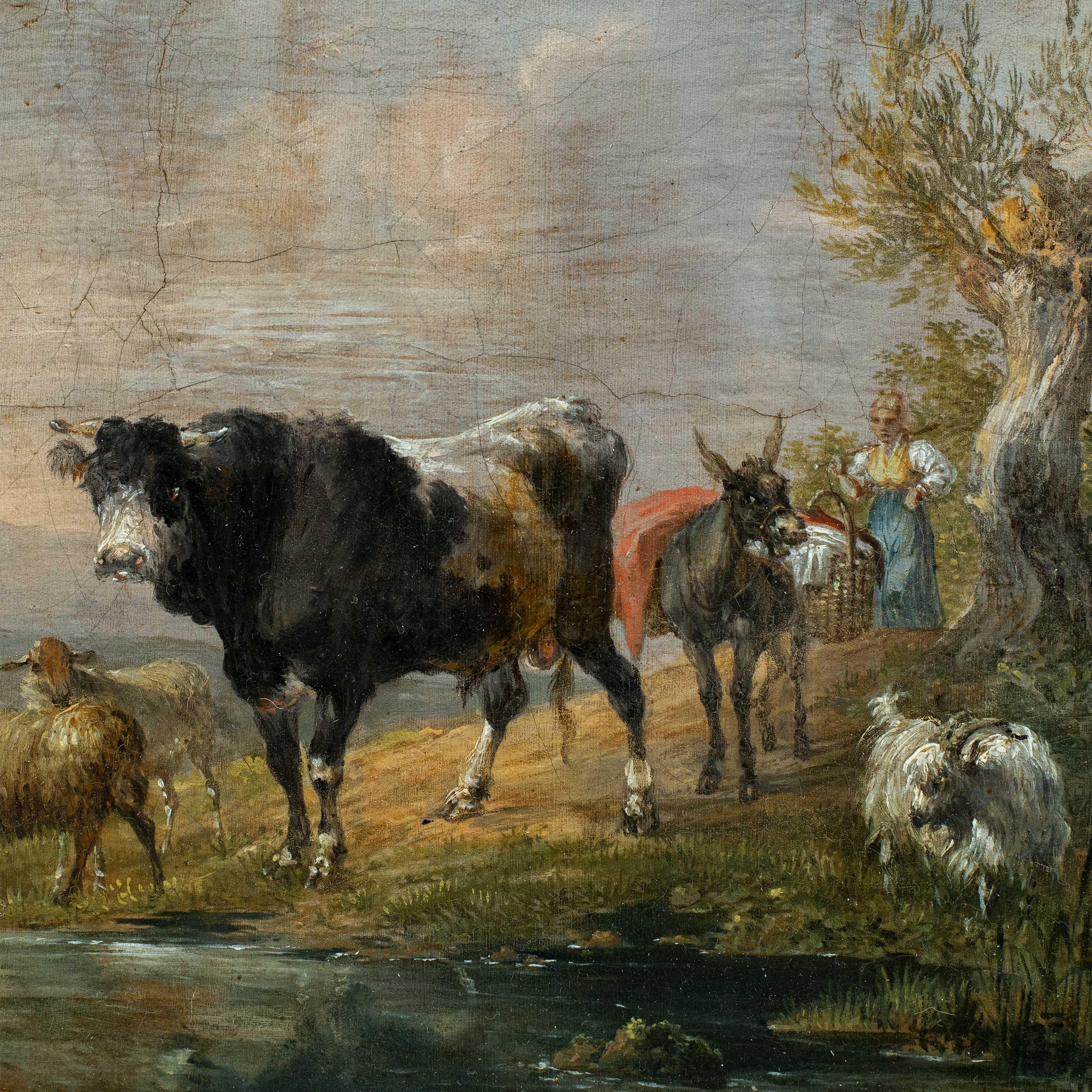 Naturalistic Italian painter - 17/18th century landscape painting - Cows, goats - Painting by Unknown
