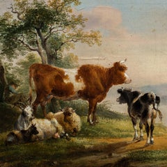 Naturalistic Italian painter - 17/18th century landscape painting - Cows, goats