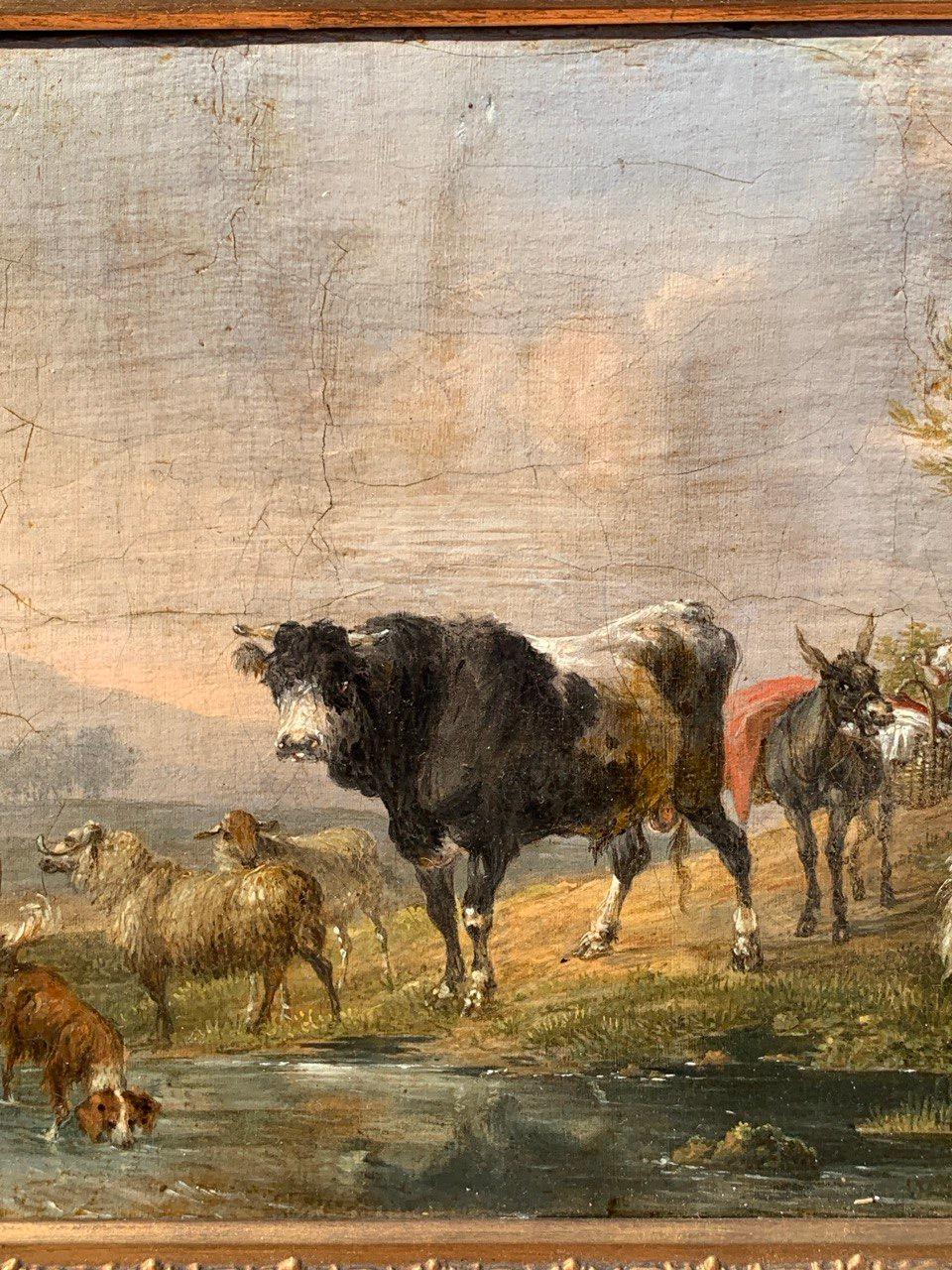 Naturalistic Italian painter - 17/18th century landscape painting - Cows, goats For Sale 2