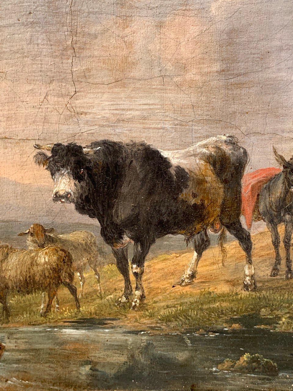 Naturalistic Italian painter - 17/18th century landscape painting - Cows, goats For Sale 5