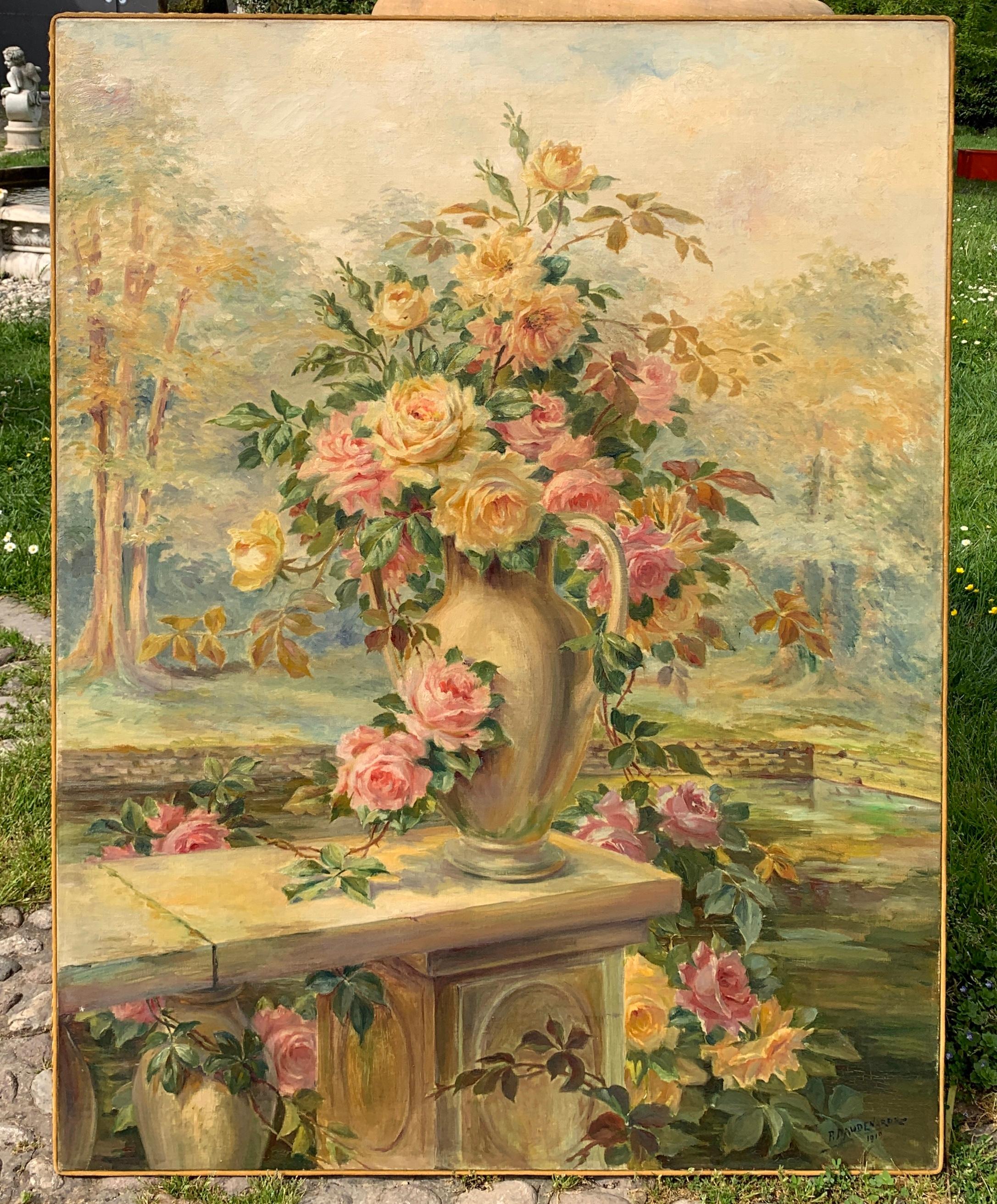 Naturalistic Italian painter - 19/20th still life painting - Flowers - Oil on ca - Painting by Unknown
