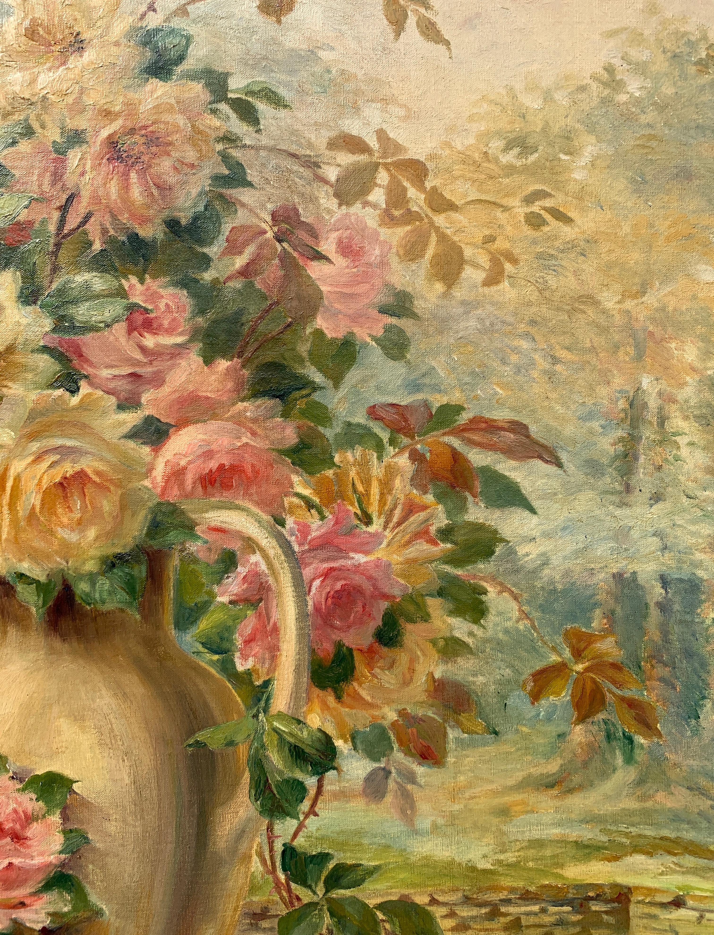 Pittore francese (datato 1919) - Natura morta con vaso di rose.

117 x 90 cm.

Antico dipinto a olio su tela, senza cornice.

- Opera firmata e datata in basso a destra: 