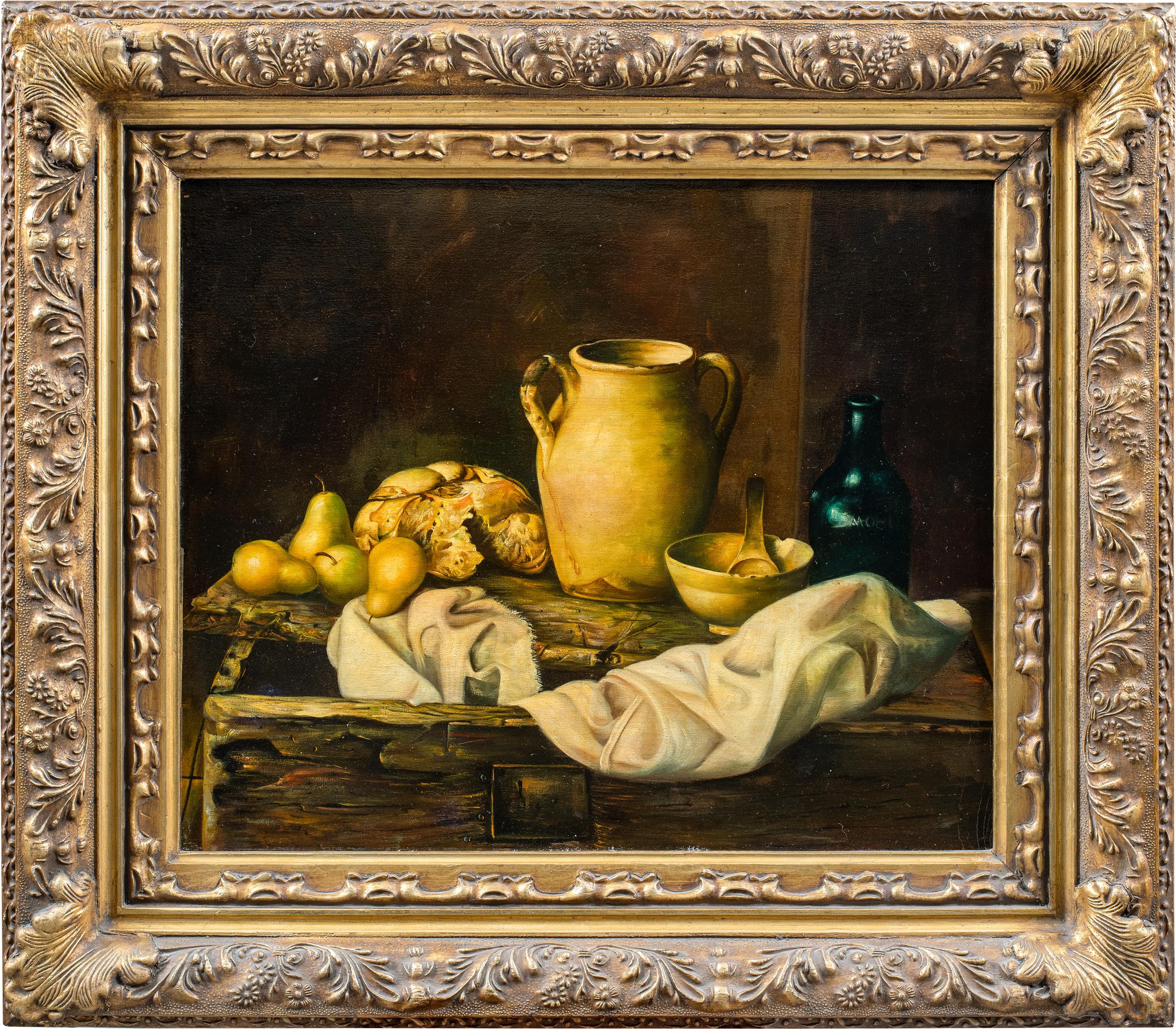 Unknown Still-Life Painting - Naturalistic Italian painter - 19/20th still life painting - Pears and vases 