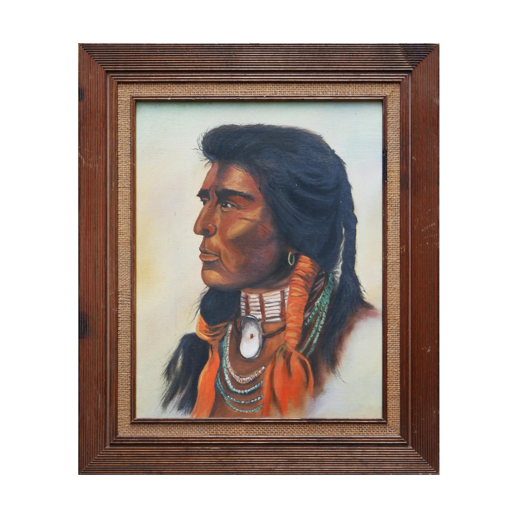 Naturalistic Neutral Toned Portrait Bust of a Native American Male Figure - Painting by Unknown