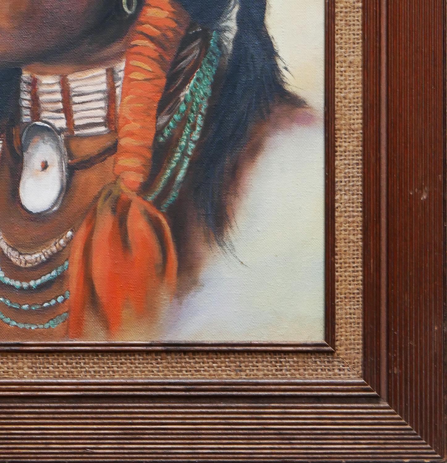 Naturalistic portrait of a Native American male figure by an unknown artist. The work features the man looking to the left and dressed in traditional jewelry and hair accessories set against a light blue background. Currently hung in a brown wooden