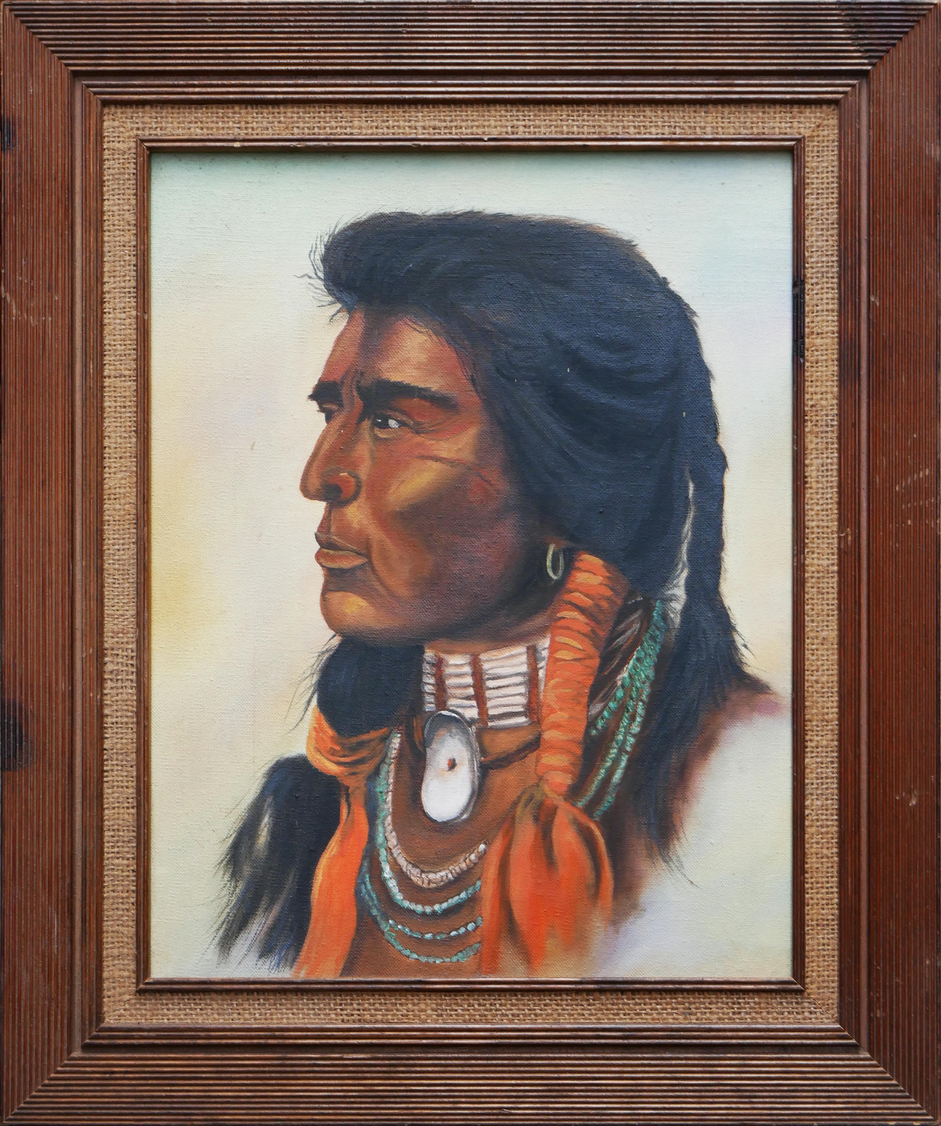 Unknown Abstract Painting - Naturalistic Neutral Toned Portrait Bust of a Native American Male Figure