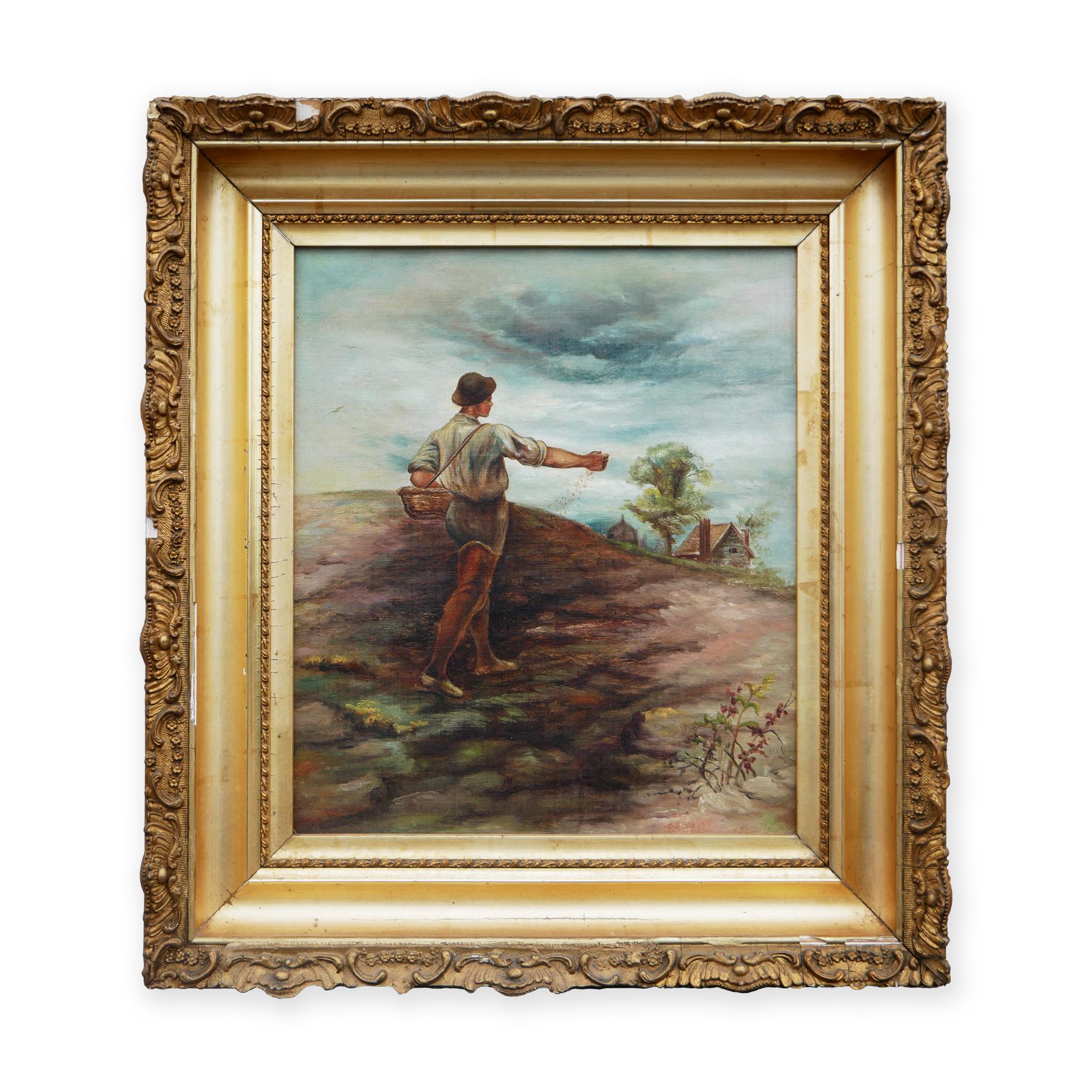 Pittura naturalistica pastorale figurativa di un uomo che semina in un campo - Painting di Unknown