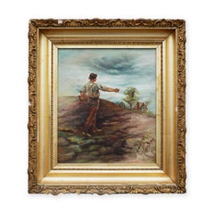 Pittura naturalistica pastorale figurativa di un uomo che semina in un campo