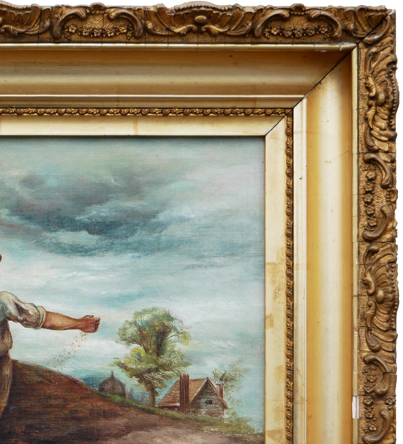 Pittura naturalistica pastorale figurativa di un uomo che semina in un campo - Portrait Painting Marrone di Unknown