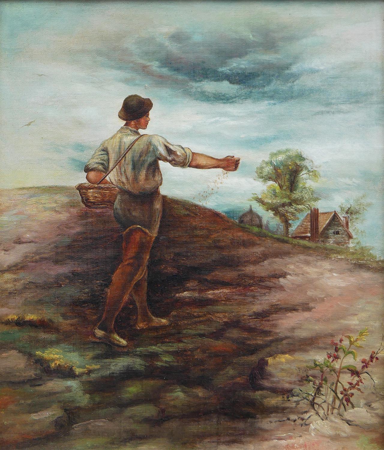 Pittura naturalistica pastorale figurativa di un uomo che semina in un campo in vendita 2