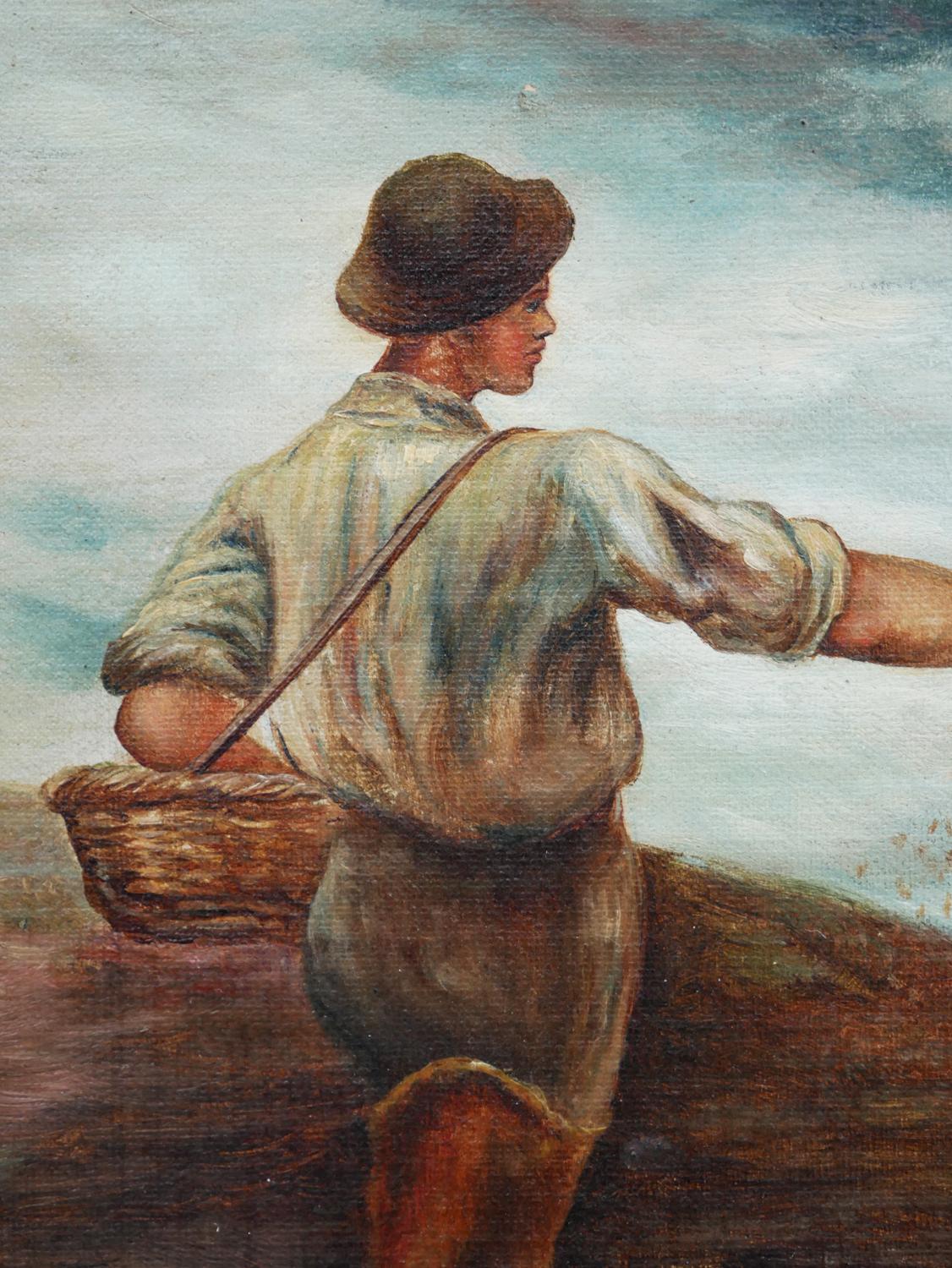 Pittura naturalistica pastorale figurativa di un uomo che semina in un campo in vendita 3