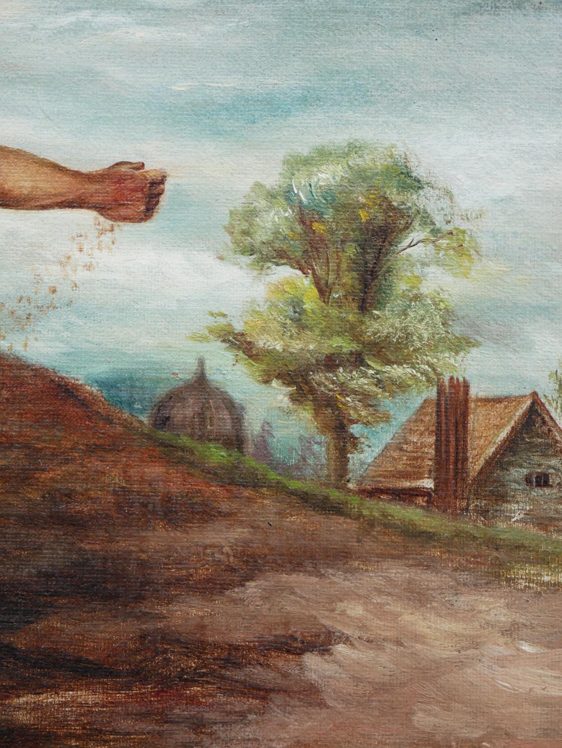 Pittura naturalistica pastorale figurativa di un uomo che semina in un campo in vendita 4