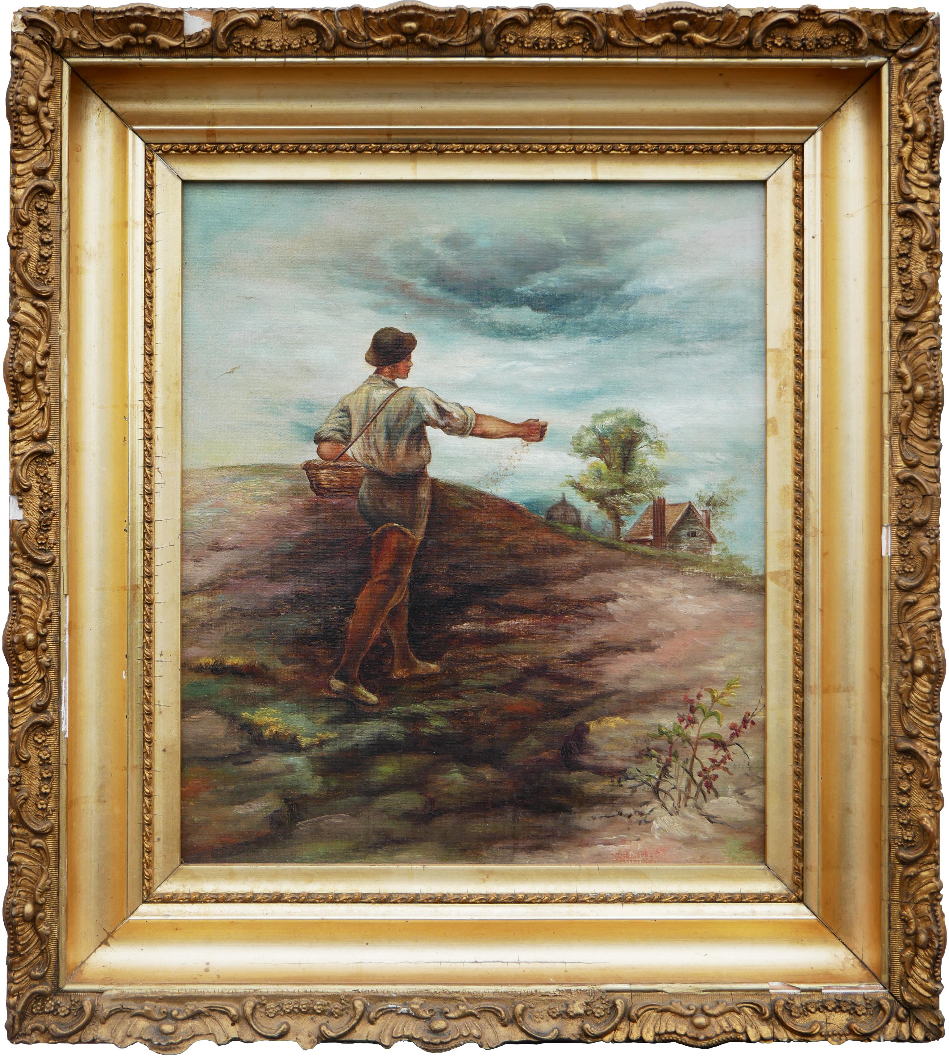 Portrait Painting di Unknown - Pittura naturalistica pastorale figurativa di un uomo che semina in un campo
