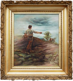 Pittura naturalistica pastorale figurativa di un uomo che semina in un campo