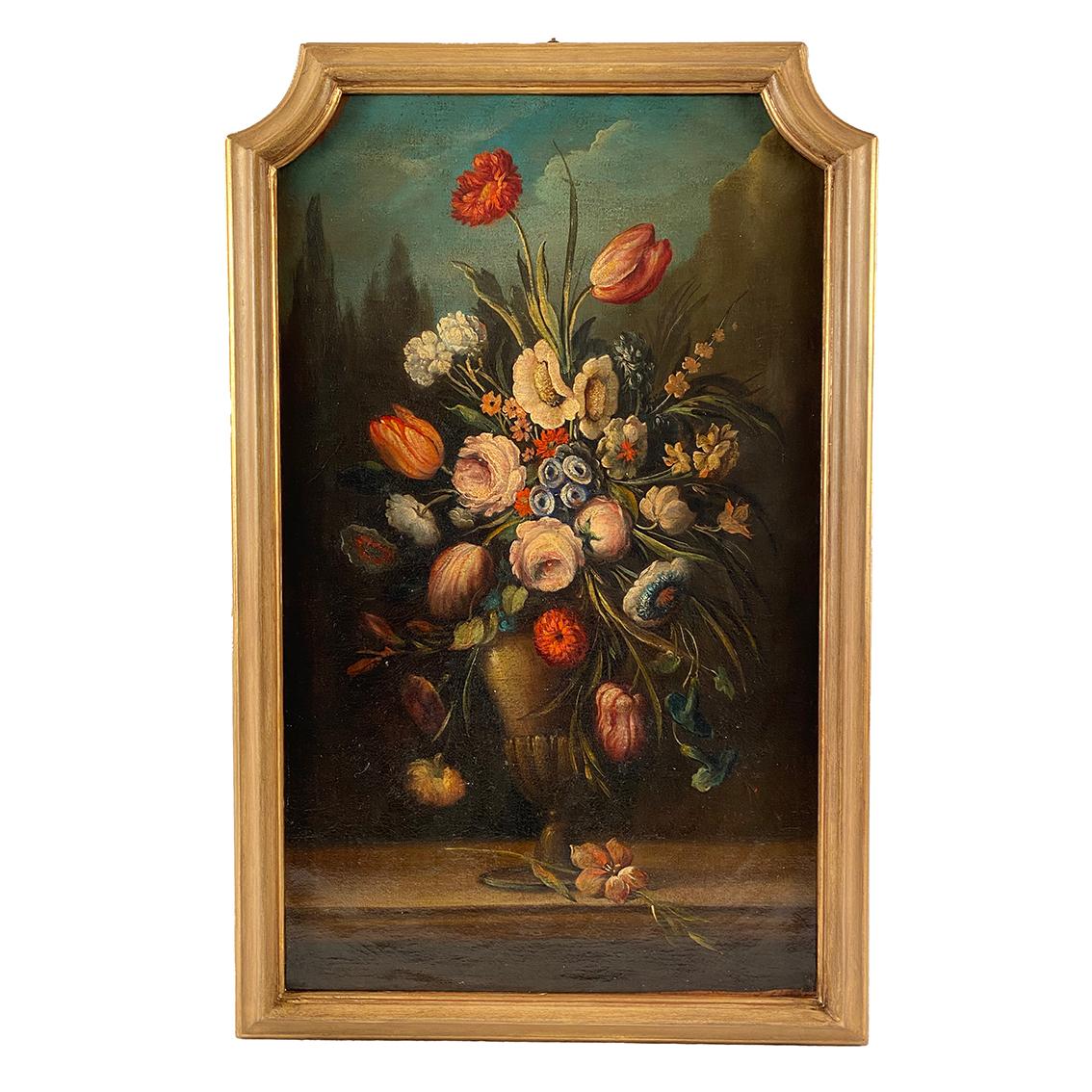Unknown Still-Life Painting - Nature morte au bouquet de fleurs. Ecole italienne XXe dans le goût du XVIIe