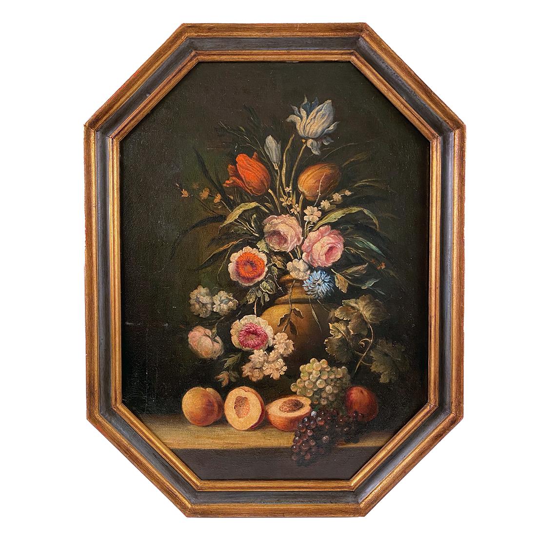 Still-Life Painting Unknown - Nature morte aux fleurs et aux fruits, école italienne XXe dans l'esprit du XVII