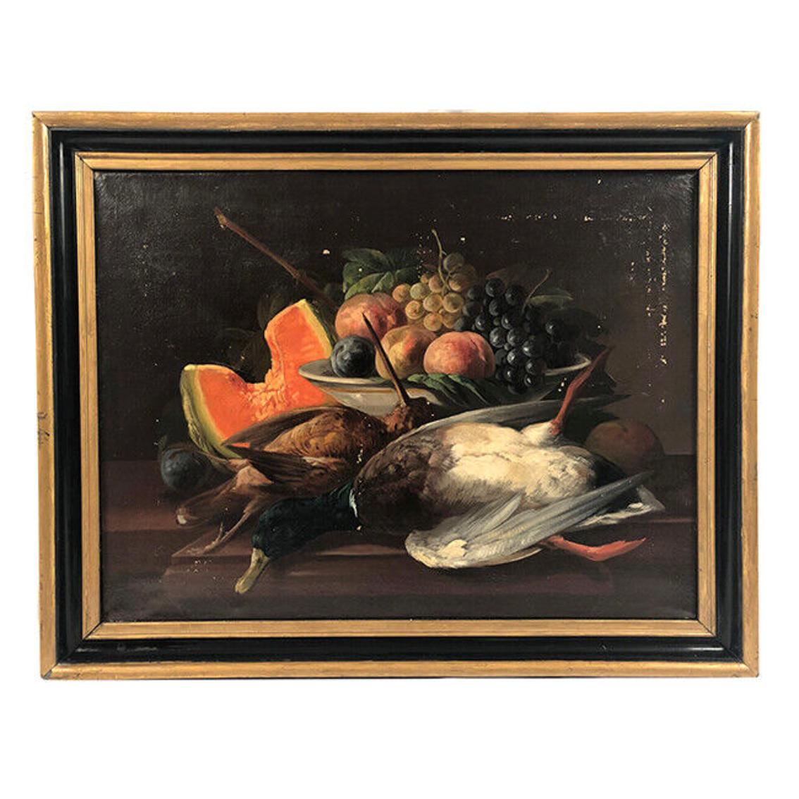 Unknown Still-Life Painting - Nature morte, huile sur toile encadrée, XIXe