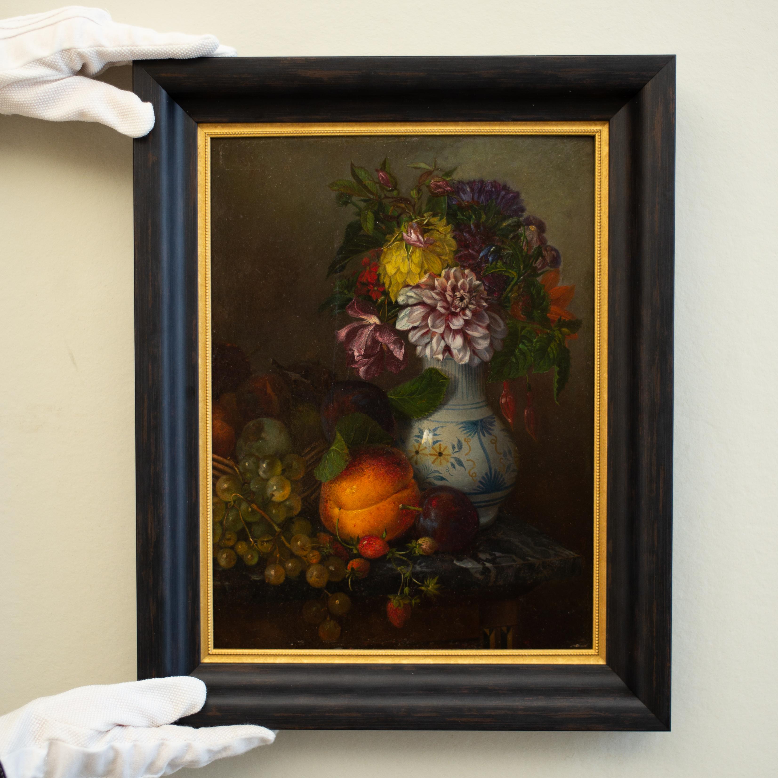 Nature Morte With Fruits and Flowers, French School, c. 1860, Oil on Panel - Painting by Unknown